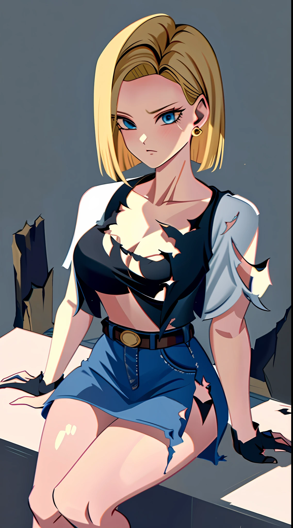 best quality, highres, and18, 1girl, android 18, solo, blonde hair, blue eyes, belt, jeans, pearl_necklace, bracelet, black gloves, white shirt, short hair, short sleeves, earrings, blue pants, open vest, black vest, large breasts, (ruins:1.3), (torn clothes:1.5), sitting, expressionless, crossed legs,