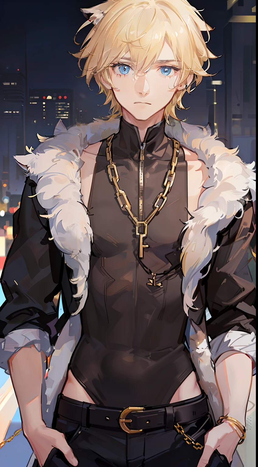 young boy, blonde hair, Bob hairstyle, blue eyes, black skintight clothes, Gold Chains, Cat's ears, Masterpiece, hiquality
