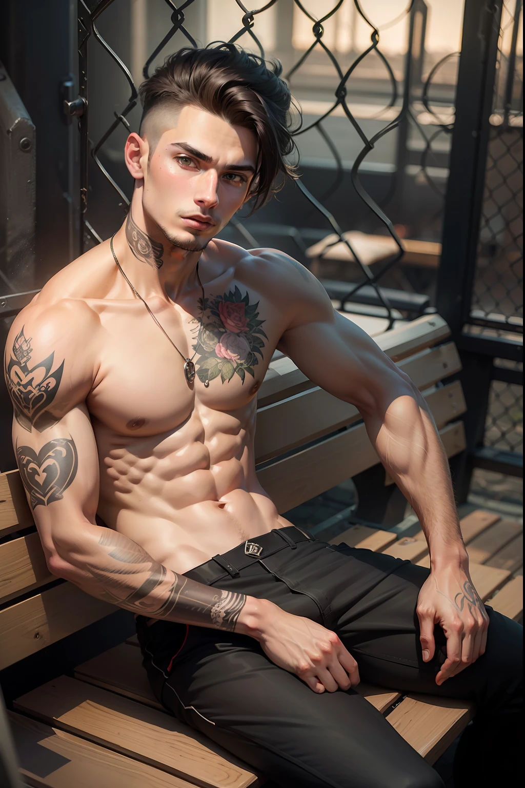 Man with tattoos sitting on a bench in a caged area, Marcos Ariano, Estilo de Seb McKinnon, com tatuagens, inspired by Kristian Kreković, Raphael Personnaz, Jamie Coreth, androgynous male, lucas graziano, zac retz, christian cline, modelo editorial, inspirado em Maximilian Cercha, Nick Silva,long pants black