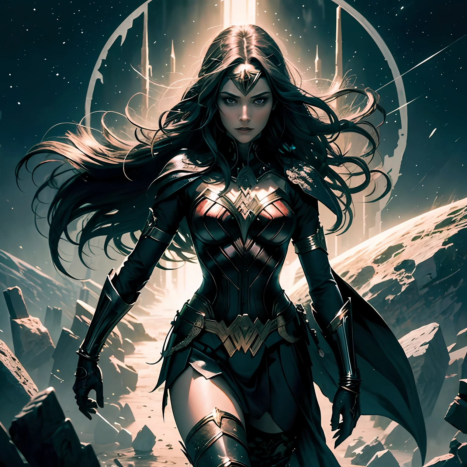 "In the dark reaches of the universe, Wonder Woman emerges wearing a black gothic costume. Em vez das tradicionais cores brilhantes e vibrantes, seu traje adota tons de preto profundo, ressaltando sua aura misteriosa e poderosa. Sua armadura, adorned with intricate Gothic details, reflects your inner strength and your connection to the darker side of humanity. The silver bracelets shine with a mystical energy, while your magic lasso, agora envolto em sombras, emana um poder misterioso. Os olhos da Mulher-Maravilha, ainda brilhantes e determinados, reflect ancient wisdom and indomitable inner strength. She becomes a symbol of justice and courage, while wearing his black gothic costume to fight the threats plaguing the darkness, bringing hope and protection to those who need it most.” --auto