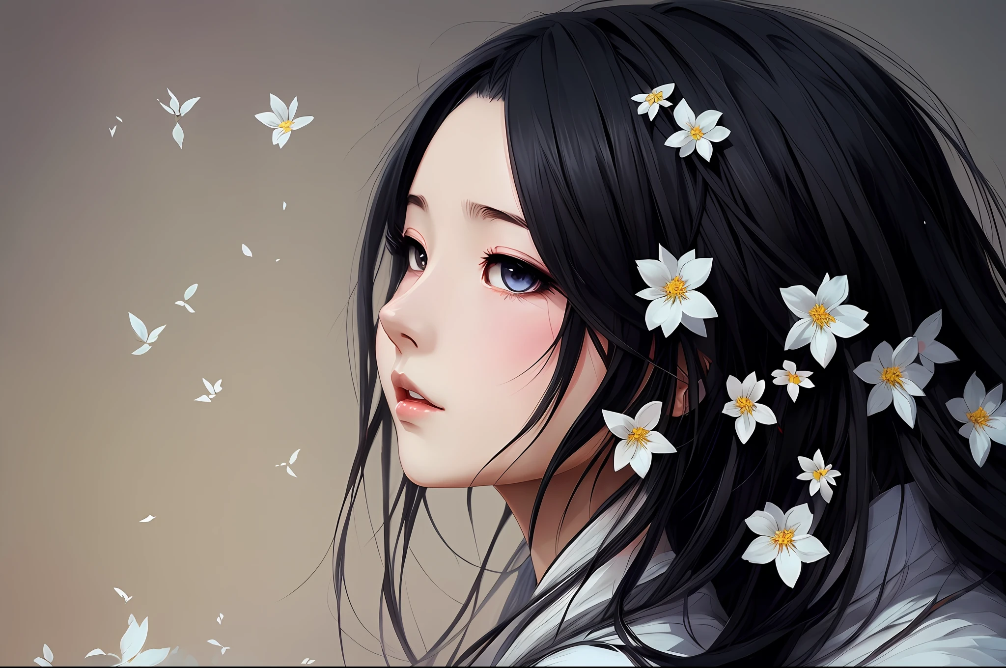 Anime girl with black hair and white flowers in her hair, Guviz-style artwork, Guviz, Palace ， A girl in Hanfu, guweiz masterpiece, Beautiful character painting, by Yang J, Guweiz in Pixiv ArtStation, ((a beautiful fantasy empress)), Guweiz on ArtStation Pixiv