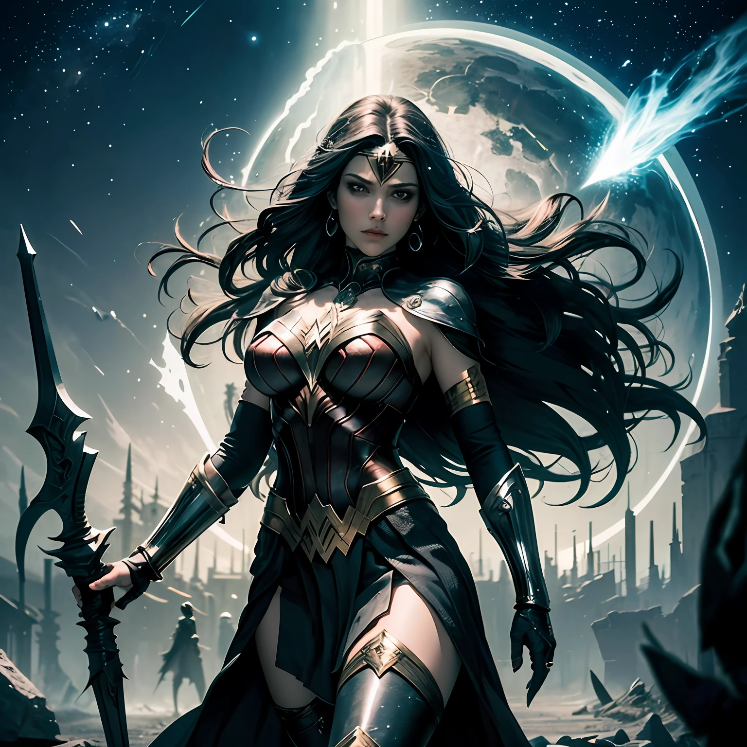 "In the dark reaches of the universe, Wonder Woman emerges wearing a black gothic costume. Em vez das tradicionais cores brilhantes e vibrantes, seu traje adota tons de preto profundo, ressaltando sua aura misteriosa e poderosa. Sua armadura, adorned with intricate Gothic details, reflects your inner strength and your connection to the darker side of humanity. The silver bracelets shine with a mystical energy, while your magic lasso, agora envolto em sombras, emana um poder misterioso. Os olhos da Mulher-Maravilha, ainda brilhantes e determinados, reflect ancient wisdom and indomitable inner strength. She becomes a symbol of justice and courage, while wearing his black gothic costume to fight the threats plaguing the darkness, bringing hope and protection to those who need it most.” --auto