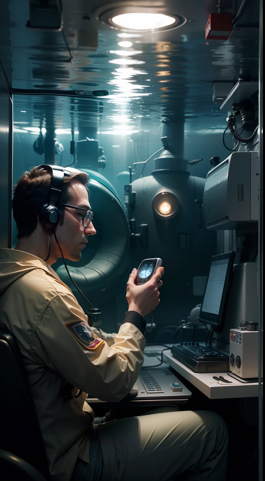 A scientist, talking on a landline phone, inside a submarine, camera view from inside of the submarine.