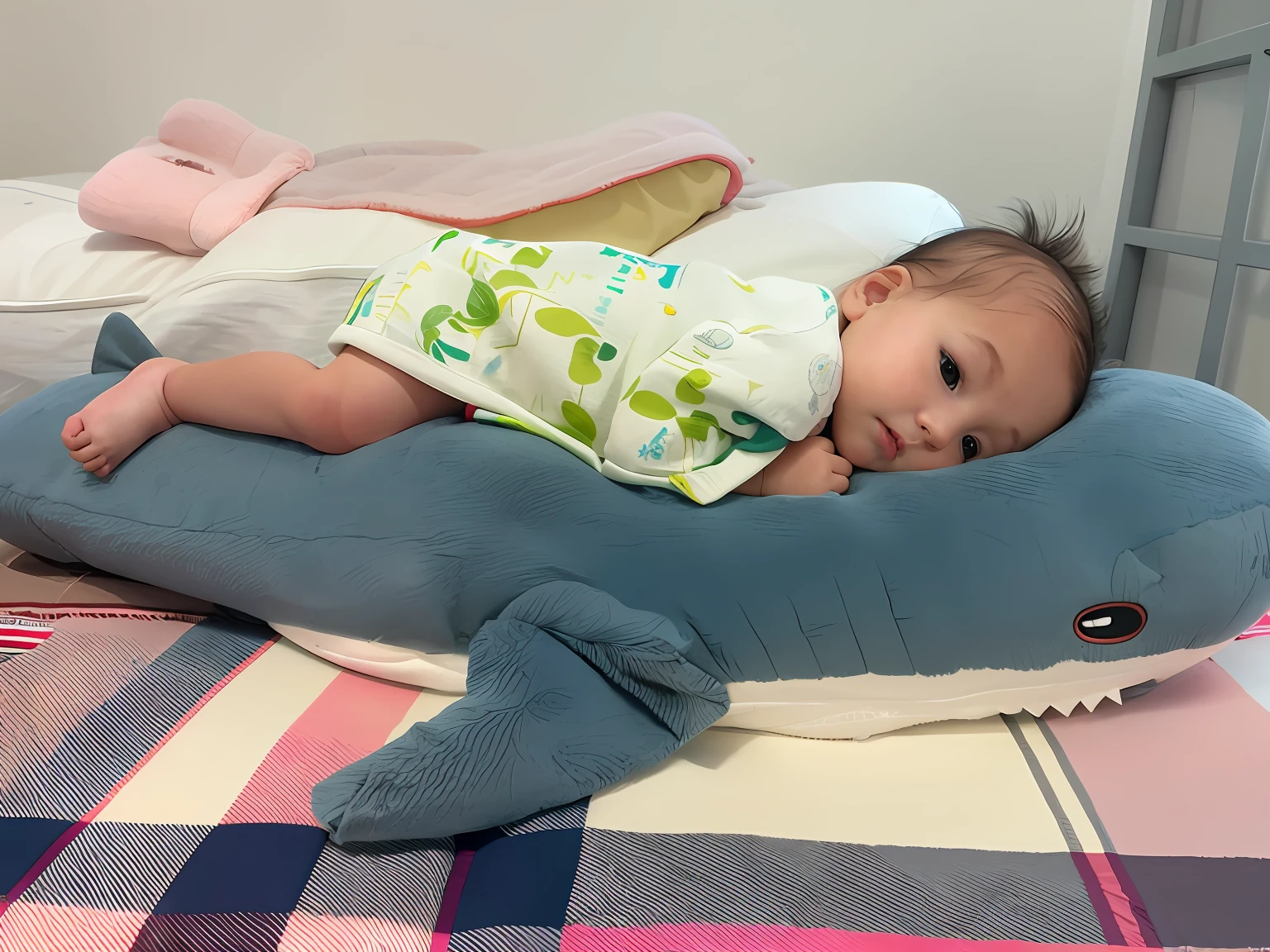 A baby lies on a stuffed shark and travels through space, shark anthony, taken with sony alpha 9, My lovely daughter!  Back against the pillow, Wander in space，having fun，A space odyssey