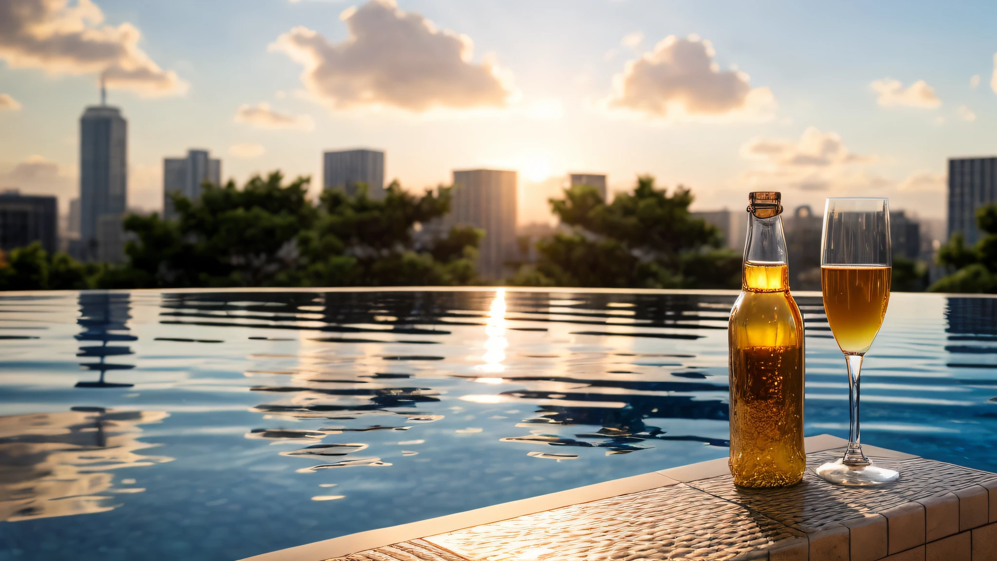 Blue-white sky，Dark brown glass bottle，Golden drinks，great weather，Relaxed，warm，High-rise roof in the background,Infinity pool， Depth of field, Ray tracing, hyper HD, ccurate, High details, Textured skin, High quality, Best quality, A high resolution, Award-Awarded, Anatomically correct, 巨作