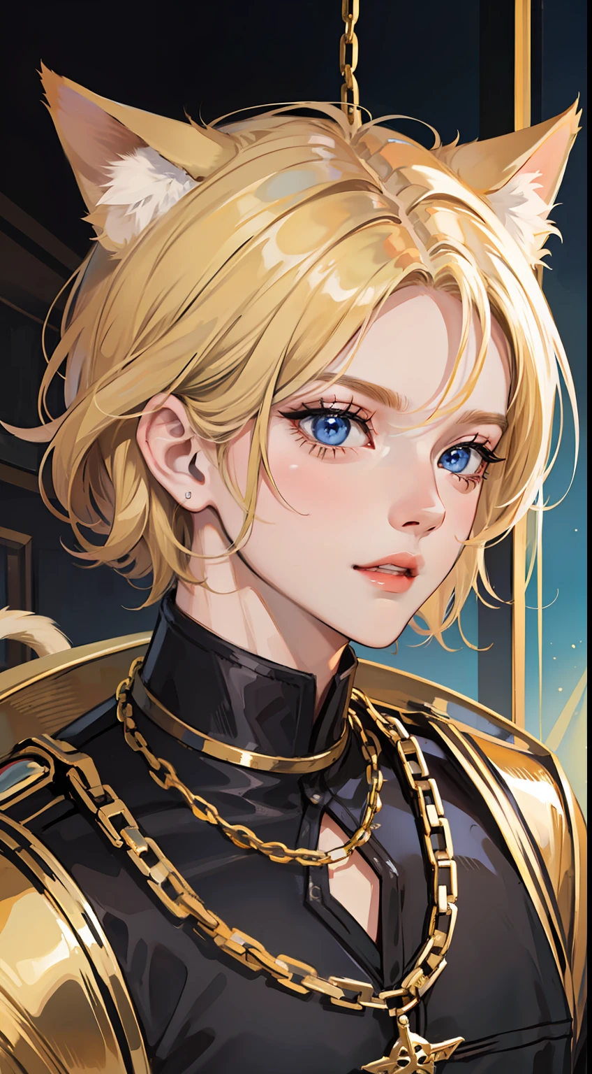 young boy, blonde hair, Bob hairstyle, blue eyes, black skintight clothes, Gold Chains, Cat's ears, Masterpiece, hiquality