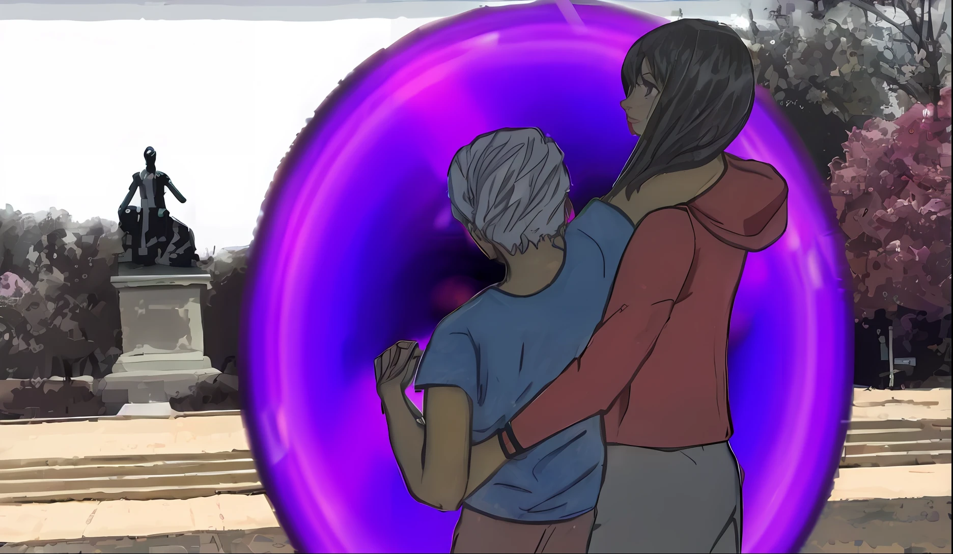 There is a drawing of a black-haired woman dragging a white-haired man on her lap, hugging each other, in a purple circle, energia mistica saindo do portal, looking through a portal, Portal Vortex, portal dimensional, Portal in dimension, dark dimension portal, Estudando um portal de fenda aberta, world seen only through a portal, rotoscopia, animation movie still, max quality, 16K