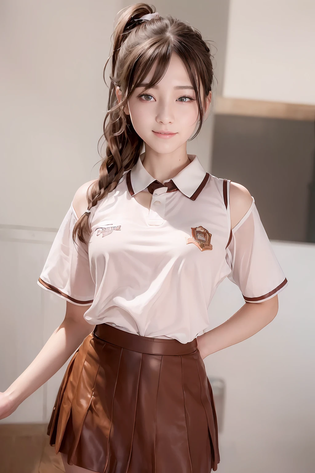 ((top-quality、8K、photographrealistic:1.4、​masterpiece))、Back lighting、highly detailed facial textures women、18year old、(((School Uniforms)))、super-detaild skin、beautiful make up、A detailed eye、A smile、open open mouth、Glossy brown messy short hairstyle、