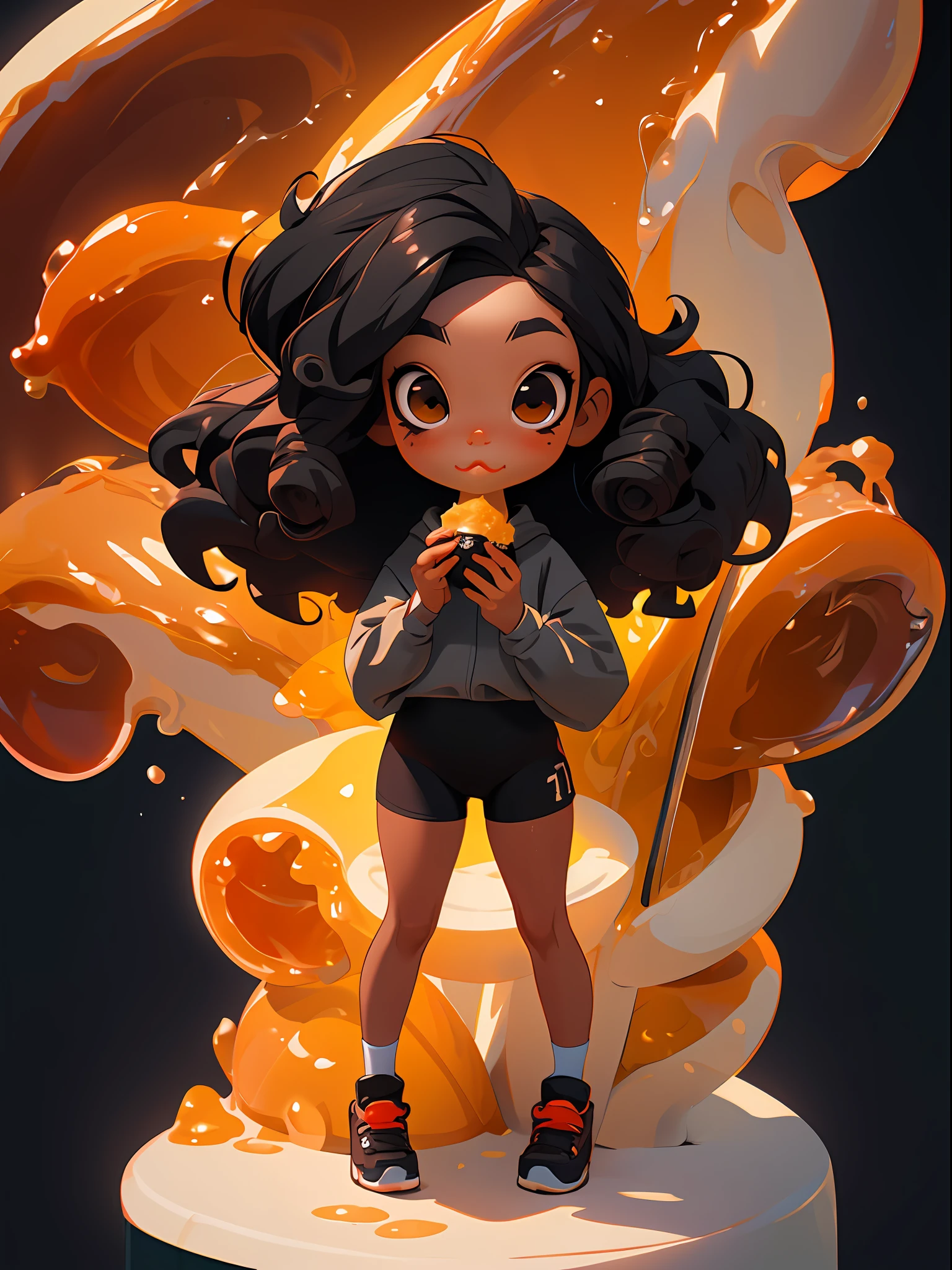 Masterpiece mixed race tan girl Cute MINI, chibi, v3, long black silky-curly hair, big honey eyes, eating honey, Very detailed quality, 8k resolution, rendering with unreal engine technology highly performance. Full body, Cinematic background