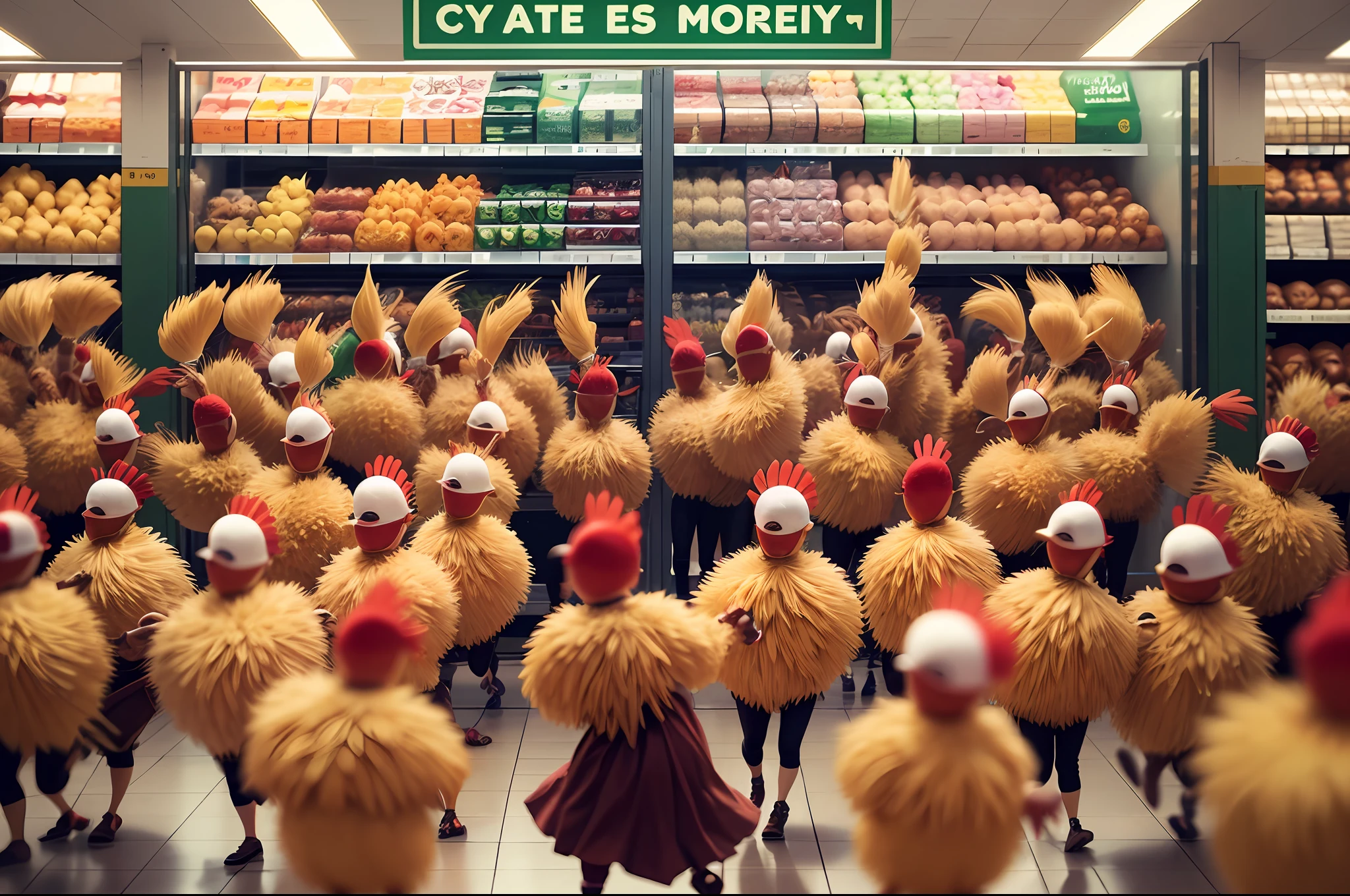An anthroprmophic chicken drumstick army in grocery stores dancing in a flash mob --auto --s2