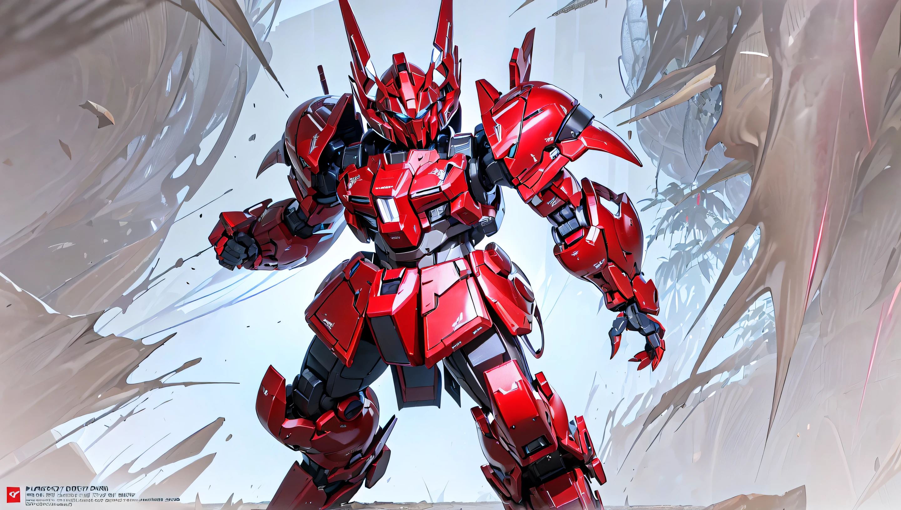 ((masterpiece)), a metallic crimson (((robot))) with sleek and menacing design, glowing eyes, full body, highly detailed