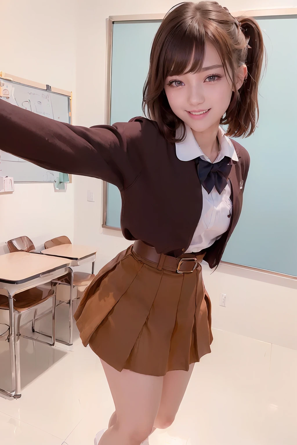 ((top-quality、8K、photographrealistic:1.4、​masterpiece))、Back lighting、highly detailed facial textures women、18year old、(((School Uniforms)))、((Full body photo、super-detaild skin、beautiful make up、A detailed eye、A smile、open open mouth、Glossy brown messy short hairstyle