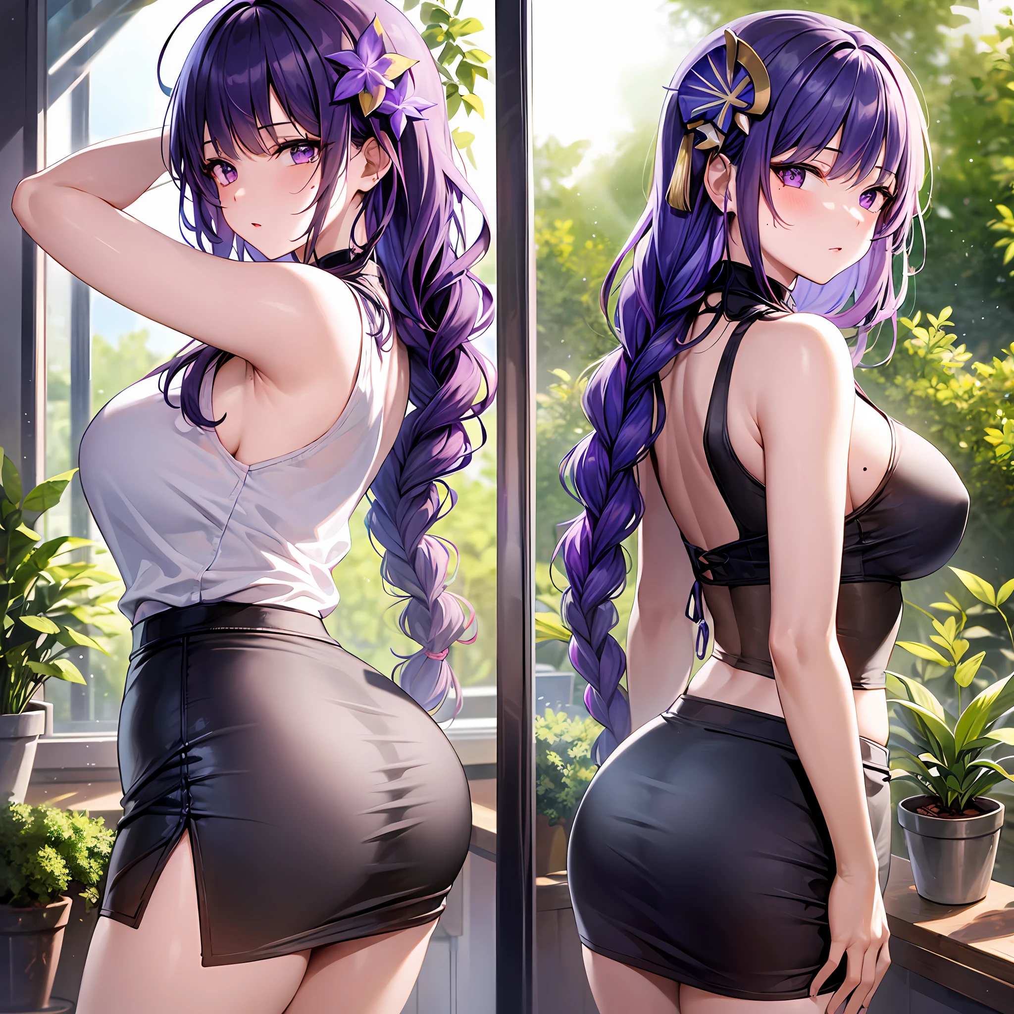 masterpiece, ultra-detailed hair, better lights, better shadows, shogun raiden,1girl, raiden shogun, breasts, skirt, purple hair, solo, long hair, large breasts, purple eyes, braid, ass, looking at viewer, braided ponytail, hair ornament, sleeveless, hair flower, black skirt, shirt, indoors, flower, looking back, bangs, bare shoulders, pencil skirt, from behind, window, thighs, mole under eye, sleeveless shirt, mole, white shirt, blush, bare arms, office lady, very long hair, plant, contemporary, parted lips, miniskirt, single braid, closed mouth, purple flower, pantylines, ribbed shirt,