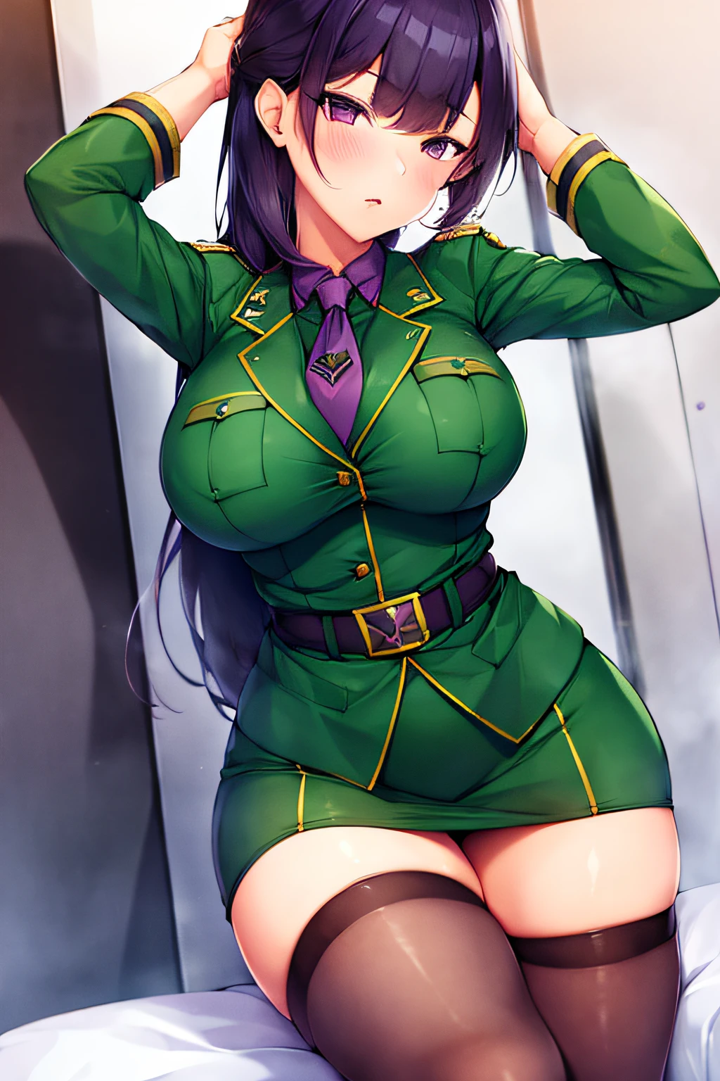 girl with {black hair, purple eyes}, (green military uniform, miniskirt, stockings), blush, pose, looking at viewer, tie, large bust, ((masterpiece, best quality, 4k, highres))