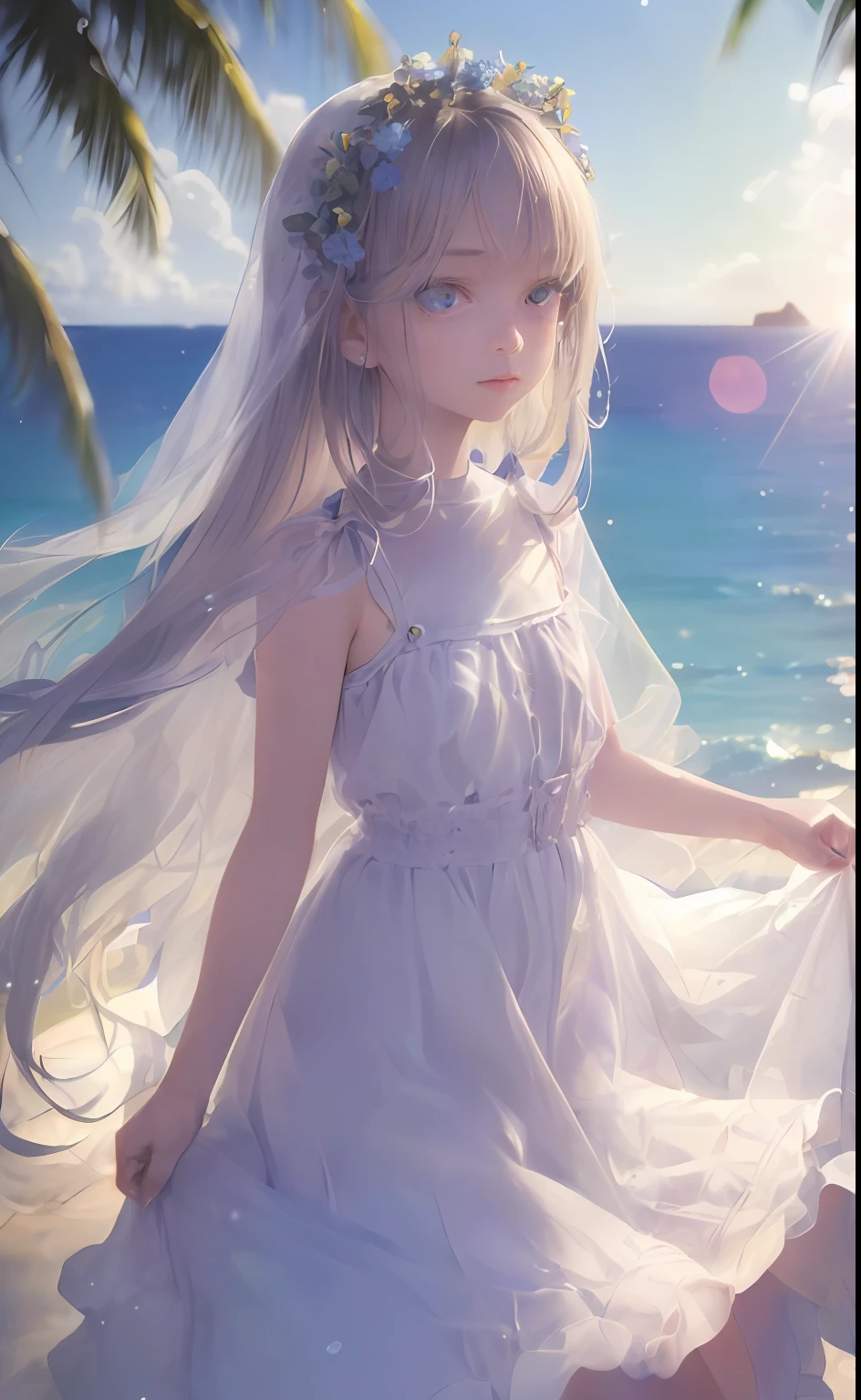 art by Cornflower, dready (A petite girl with beautiful detailed eyes. The depth of field in the photo is perfect and the lens flare adds a nice touch. The fine details on her face really stand out, score because of this photo Definitely greater than 10. In the background, there is a beautiful ocean with clear water and water droplets on the surface