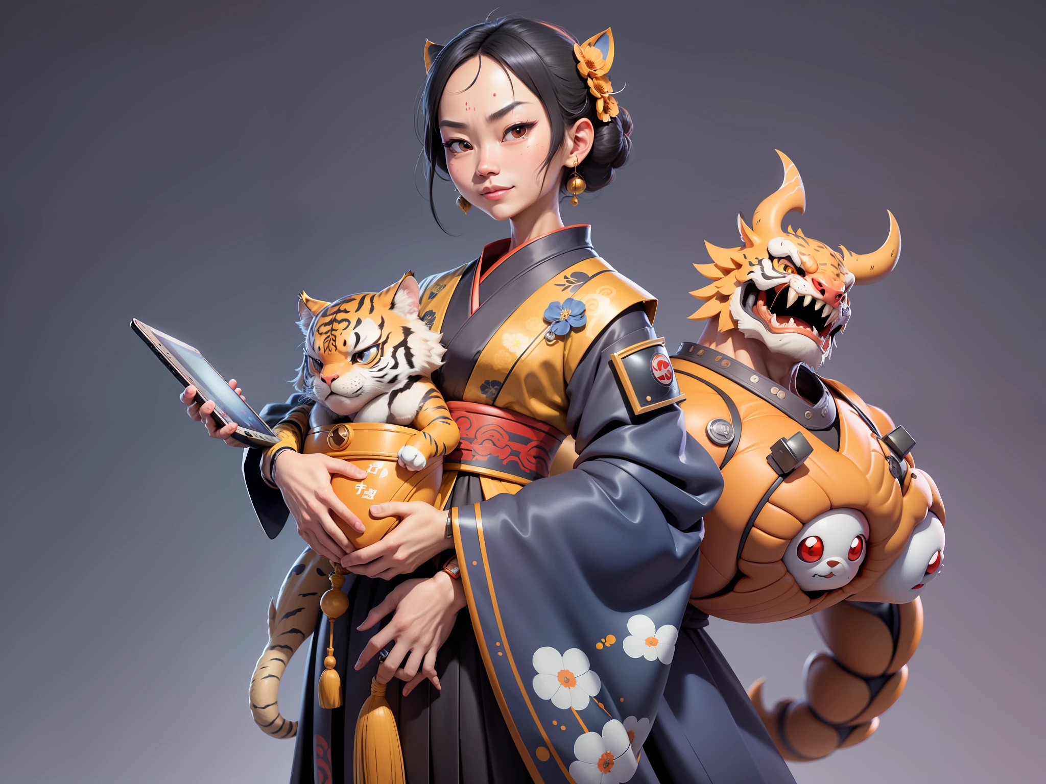 (Daisaku),(Need),(Super meticulous),(full bodyesbian:1.2),Japanese ukiyo-e girl,japanese geisha,Beautiful,Oriental dragon,one tiger,Aeolian Thor,Raised sexy,爆乳,Oriental face,TV Anchor,Bust portrait illustration,Alone,In black suit,a blue tie,The face is slightly chubby,The face was clean,without a beard,Black super short hair,Black eyes,Smile confidently,3C computer sub-products,iPad, iphone,Digital painting,3D character design by Mark Clairen and Pixar and Hayao Miyazaki and Akira Toriyama,The illustration is a high-definition illustration in 4K resolution,With very detailed facial features and cartoon-style visuals。