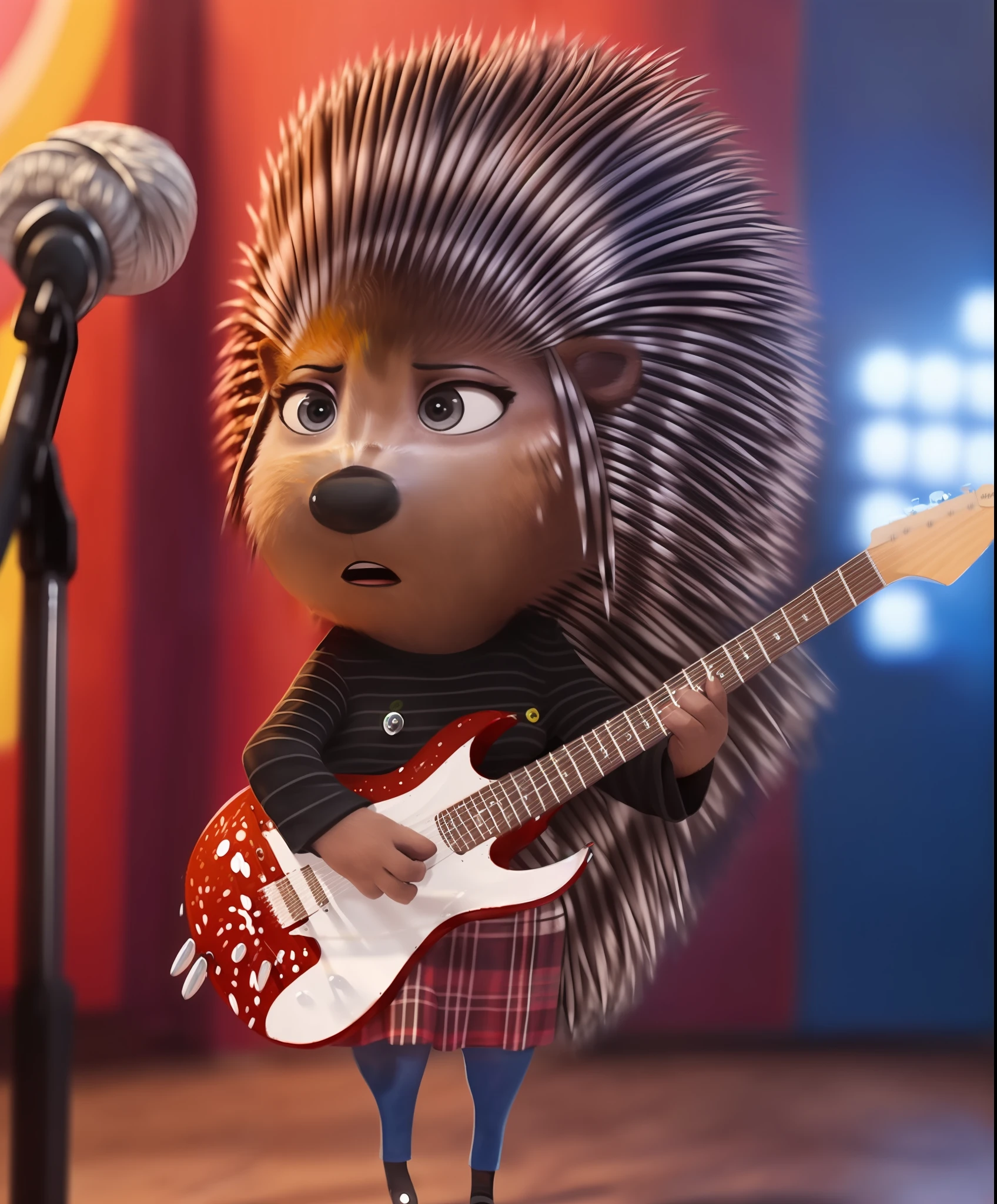 (by qupostuv35:1.2), (photorealistic painting art, professional photo, 4k:1.2), female, (Detailed face), (solo:1.1), (more details:1.1), ((anthro, humanoid)), [(thin:1.1) : small petite : (ash porcupine:1.2):4], (Detailed face), (anthropomorphic legs, anthropomorphic hands:1.1), (solo), (detailed background:1.1), sing, plays guitar,