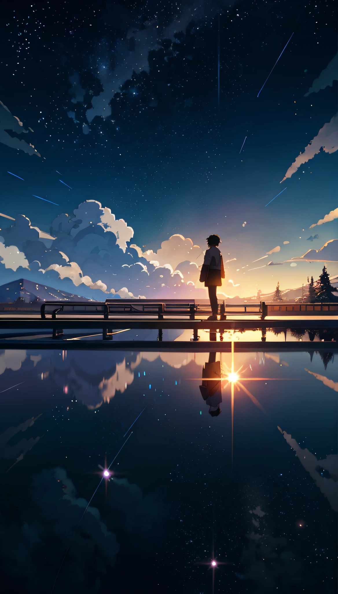 Masterpiece, anime train passing through bodies of water on tracks, bright starry sky. Romantic train, Makoto Shinkai's picture, pixiv, concept art, lofi art style, reflection. by Makoto Shinkai, lofi art, Beautiful anime scene, Anime landscape, detailed scenery —width 672, in style of Makoto shinkai, style of Makoto shinkai, enhanced details.