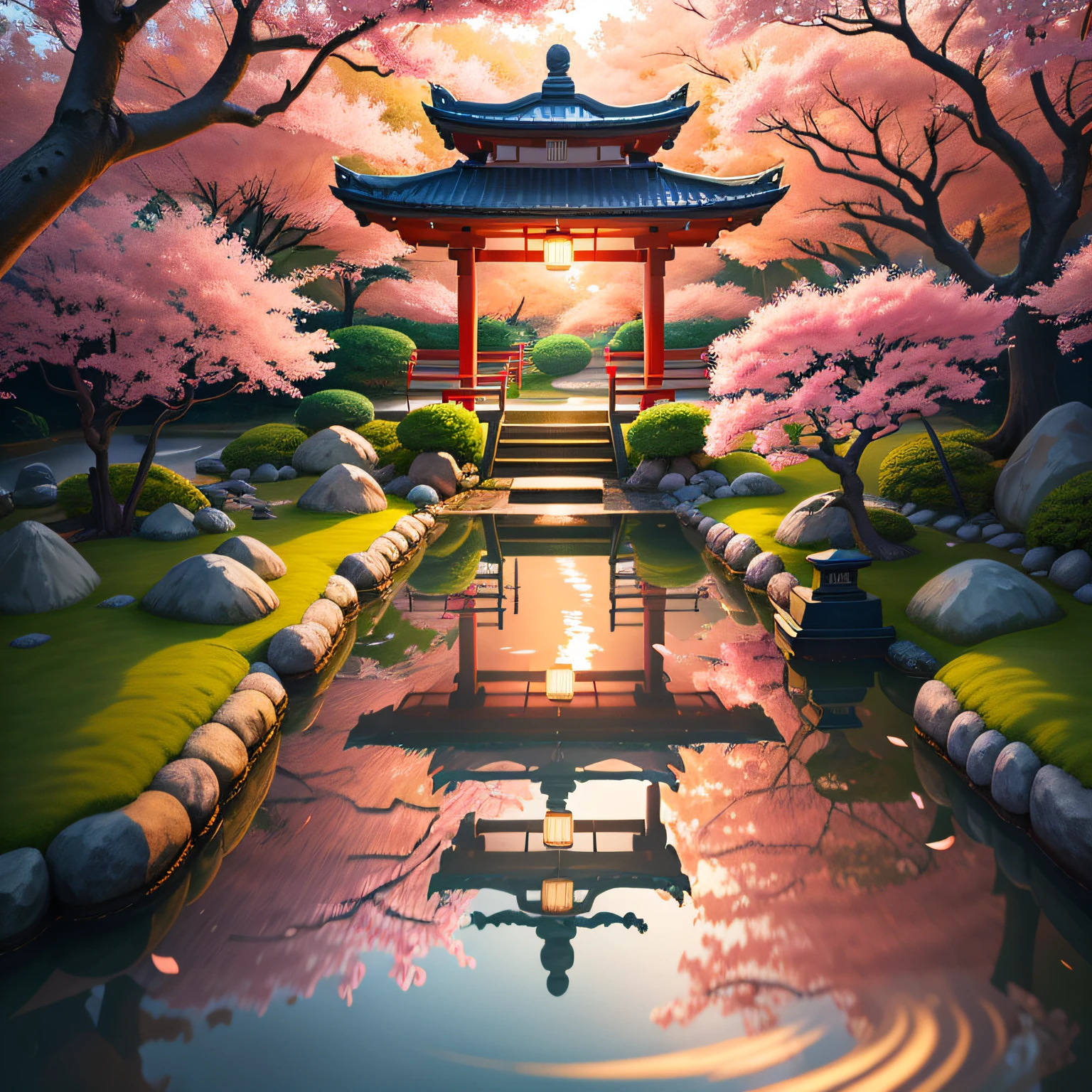 (digital painting),(best quality), serene Japanese garden, cherry blossoms in full bloom, koi pond, footbridge, pagoda, Ukiyo-e art style, Hokusai inspiration, Deviant Art popular, 8k ultra-realistic, pastel color scheme, soft lighting, golden hour, tranquil atmosphere, landscape orientation