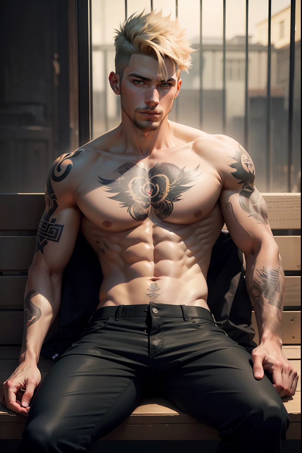 Man with tattoos sitting on a bench in a caged area, Marcos Ariano, Estilo de Seb McKinnon, com tatuagens, inspired by Kristian Kreković, Raphael Personnaz, Jamie Coreth, androgynous male, lucas graziano, zac retz, christian cline, modelo editorial, inspirado em Maximilian Cercha, Nick Silva,long pants black,