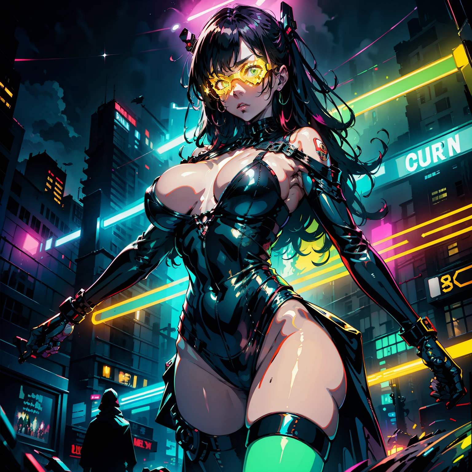 Cyborg in psychedelic colors standing on city street on a rainy night,Have large breasts,wearing neon-colored glowing goggles,8K,(high qulity:1.1),(SENSE OF CINEMA:1.1),Dark deep shadows, incredibly intricate detailing, Artistically, (up-close:1.1), looking from above, looking at viewert, (glitters:1.1), (color difference,:1.2) The background has floating light artifacts