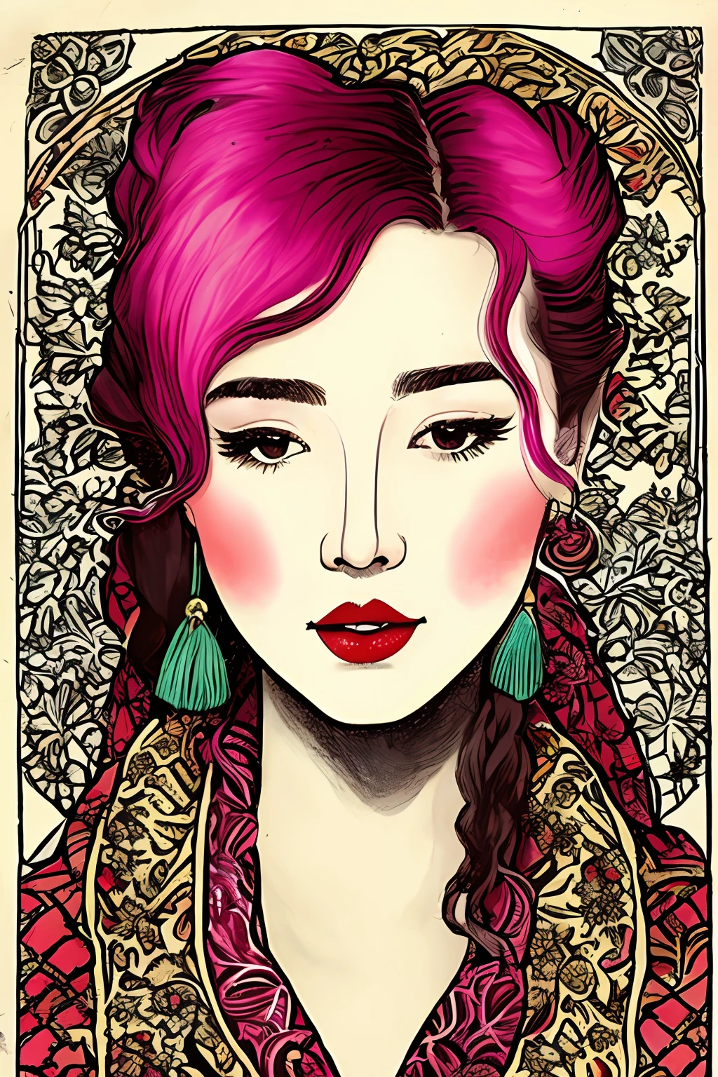 The bridge of the nose is straight，Clear eyes twinkle，Shiny water，Pink red lips，Ink hair draped behind him like brocade，