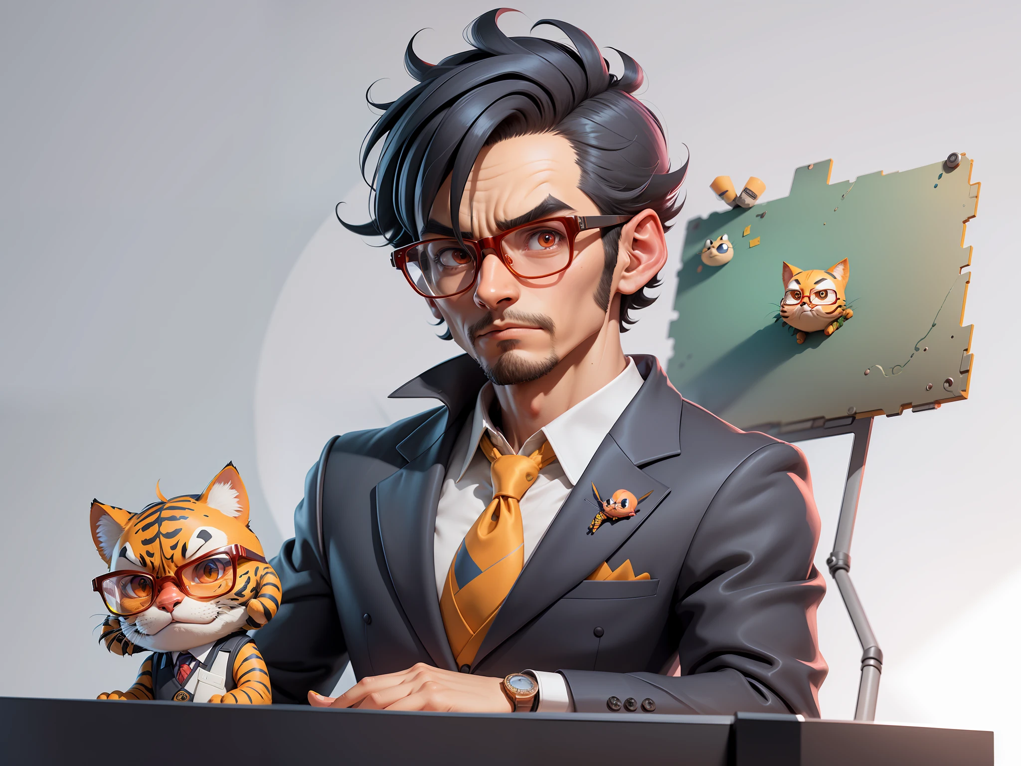 A young man in a suit, Short hair and glasses sat at his desk,holding laptop,digitial painting,tigre,3D character design by Mark Clairen and Pixar and Hayao Miyazaki and Akira Toriyama,4K HD illustration,Very detailed facial features and cartoon-style visuals。