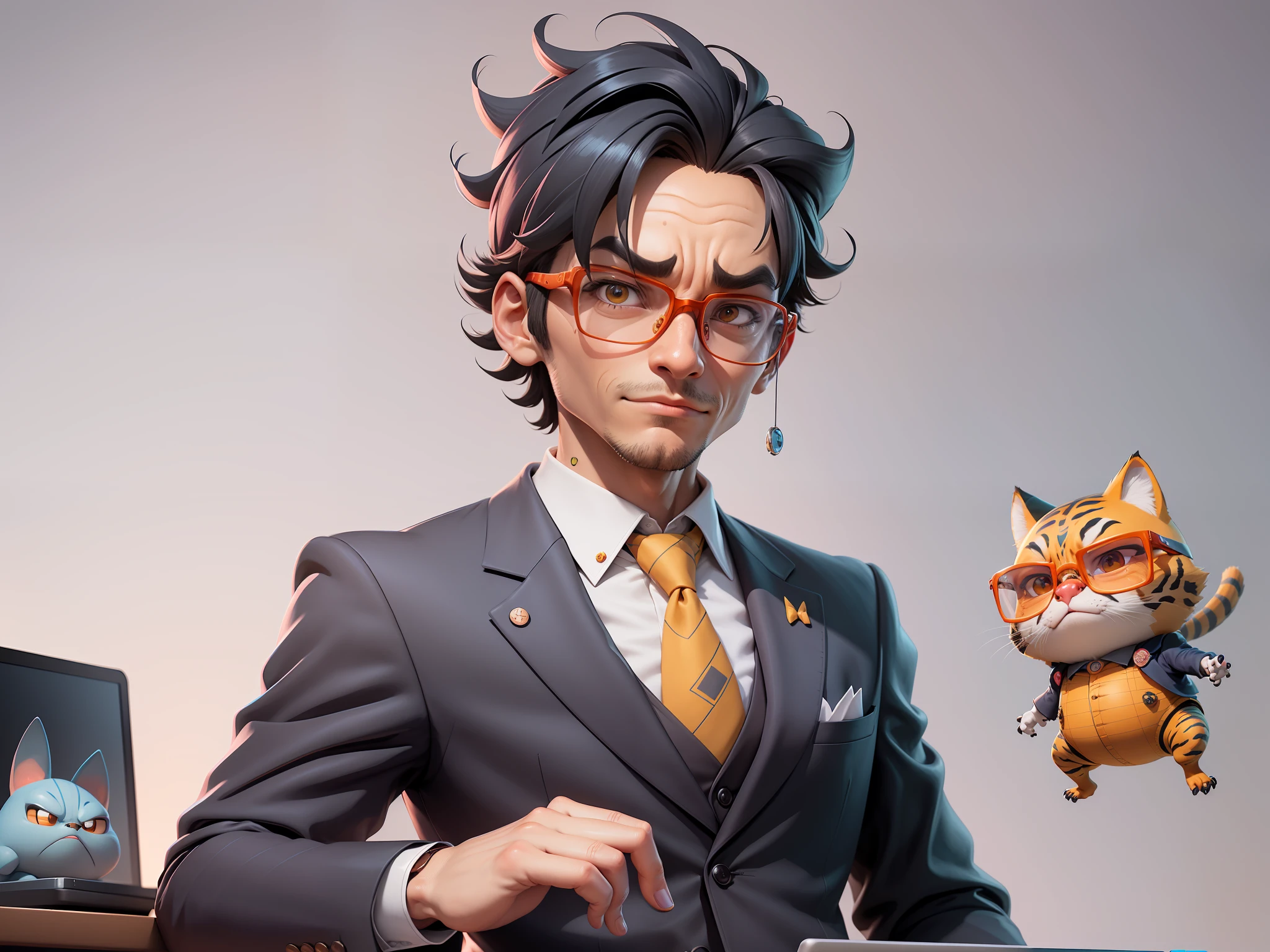 A young man in a suit, Short hair and glasses sat at his desk，holding laptop，digitial painting，tigre，3D character design by Mark Clairen and Pixar and Hayao Miyazaki and Akira Toriyama，4K HD illustration，Very detailed facial features and cartoon-style visuals。