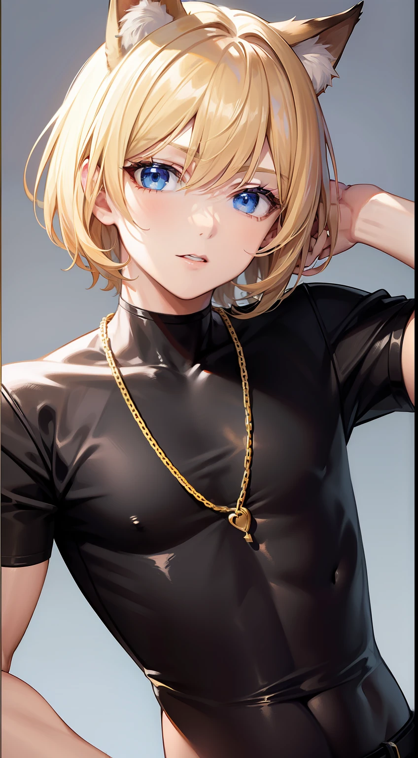 young boy, blonde hair, Bob hairstyle, blue eyes, black skintight clothes, Gold Chains, Cat's ears, Masterpiece, hiquality