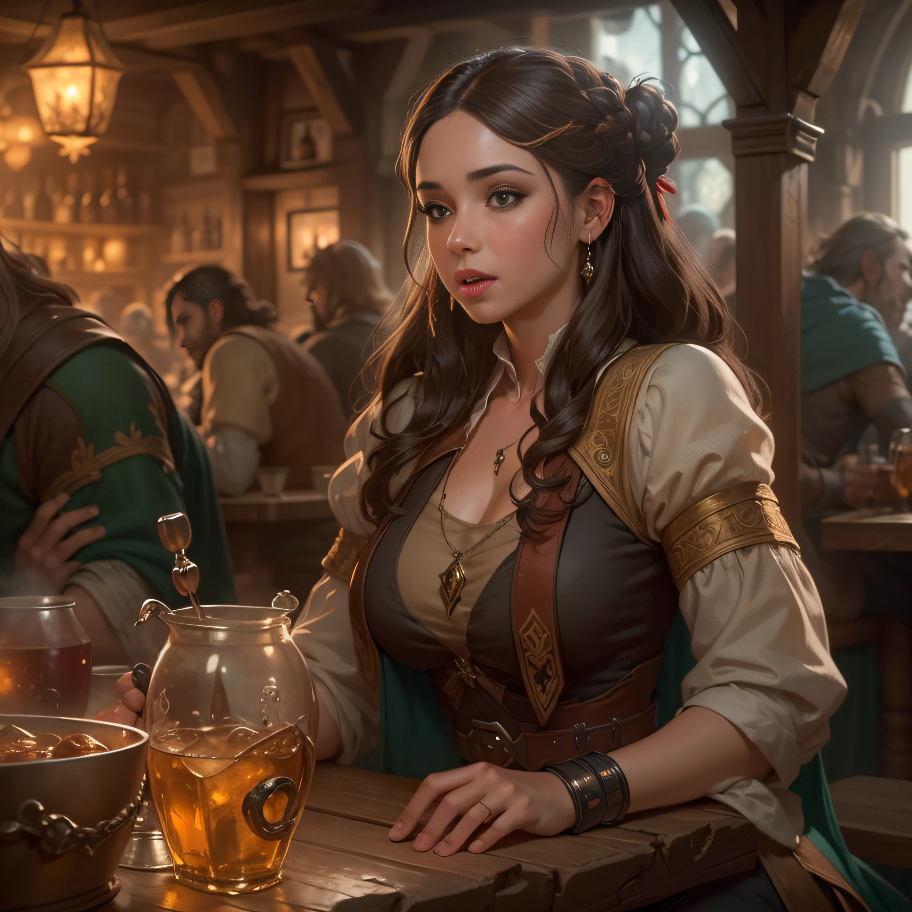 beautiful young girl in a tavern, medieval innkeeper girl, simple innkeeper clothes, medieval clothes, energetic, happy, fit, tavern clothes, warhammer, lord of the rings, skyrim, medieval, sweaty, intricate, highly detailed, digital painting, artstation, concept art, smooth, sharp focus, illustration, unreal engine 5, 8 k, art by artgerm and greg rutkowski and alphonse mucha, rtx, beautiful detailed glow, Cinematic light, neckline dress,(A tavern full of men:1.2), smoke