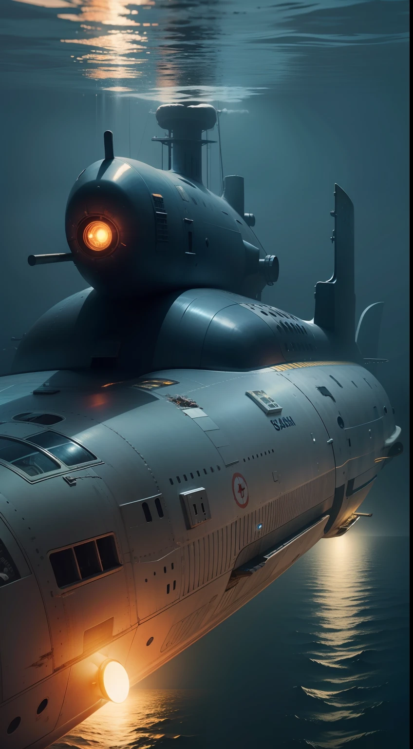 A submarine with lights, approaching towards a crashed submarine, under the ocean.