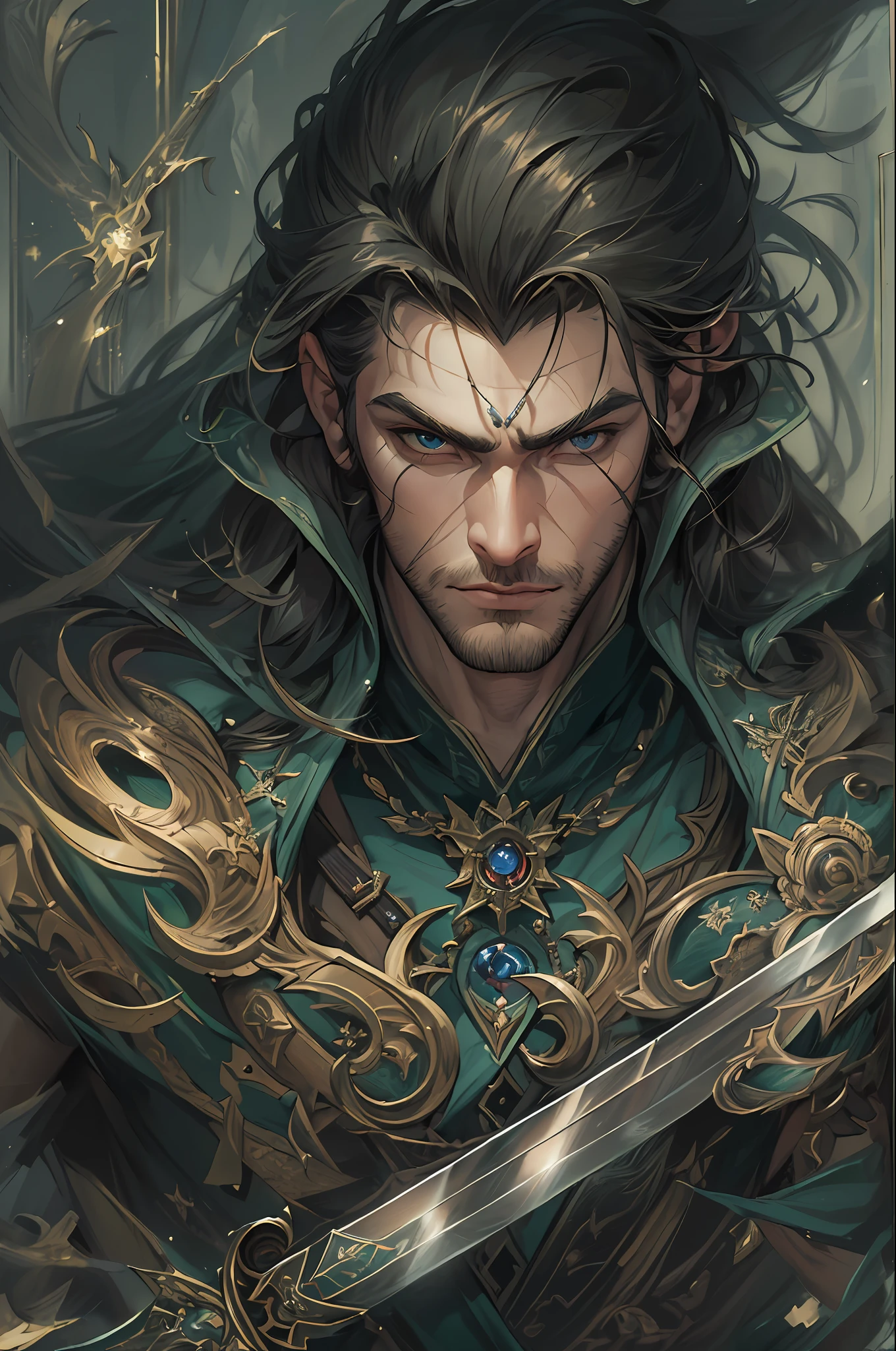 (masterpiece, best quality:1.4),(absurdres, highres, ultra detailed:1.2), (1 handsome man:1.4),(using long sword:1.4),thunder magic,playful illustrations, imaginative overlays, artistic fusion,fantastical scenes, evocative narratives, striking visuals, upper body,