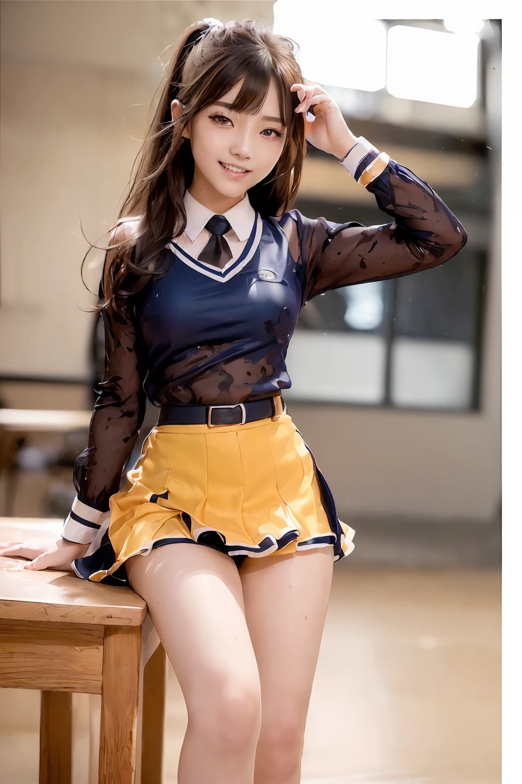 ((top-quality、8K、photographrealistic:1.4、masterpiece))、Back lighting、highly detailed facial textures women、18year old、(((School Uniforms)))、((Full body photo、super-detaild skin、beautiful make up、A detailed eye、A smile、open open mouth、Glossy brown messy short hairstyle