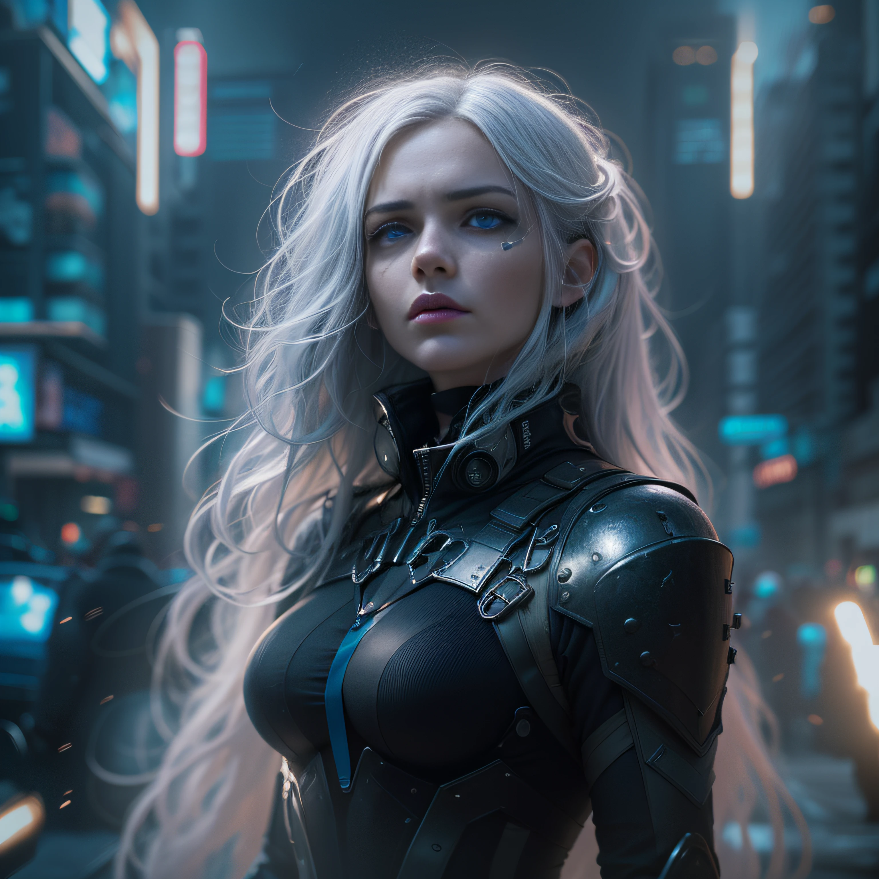 a beautiful white-haired queen, future themed, ((wearing black formal clothes, black mechanical outfit)), sci-fi, ((dark tones, depressed tones, despair, war, pain)), (((a regular in the background) army there))), (((blue eyes, blue digital eyes)), sci-fi action scene, ultra realistic 8k, masterpiece, highly detailed, fine details best quality, hyperdetailed face, (photorealistic:1.4), (highest quality), (best shadow), high contrast, 8k HD,