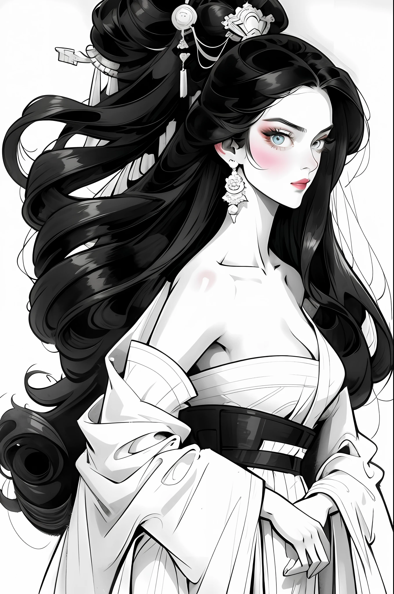 （Beautiful girl in monochrome clothes），Full body standing painting，Wide sleeves，Big bright eyes，Beautiful face and smooth fair skin，s delicate face，brunette color hair，An ancient Chinese beauty，wearing ancient Chinese costume，gossamer，Vivid and bright colors，Vibrant digital illustration，（clean backdrop），Ink painting style，Clean colors，A white space，tmasterpiece，Ultra-delicate，Epic composition，HighestQuali，4K