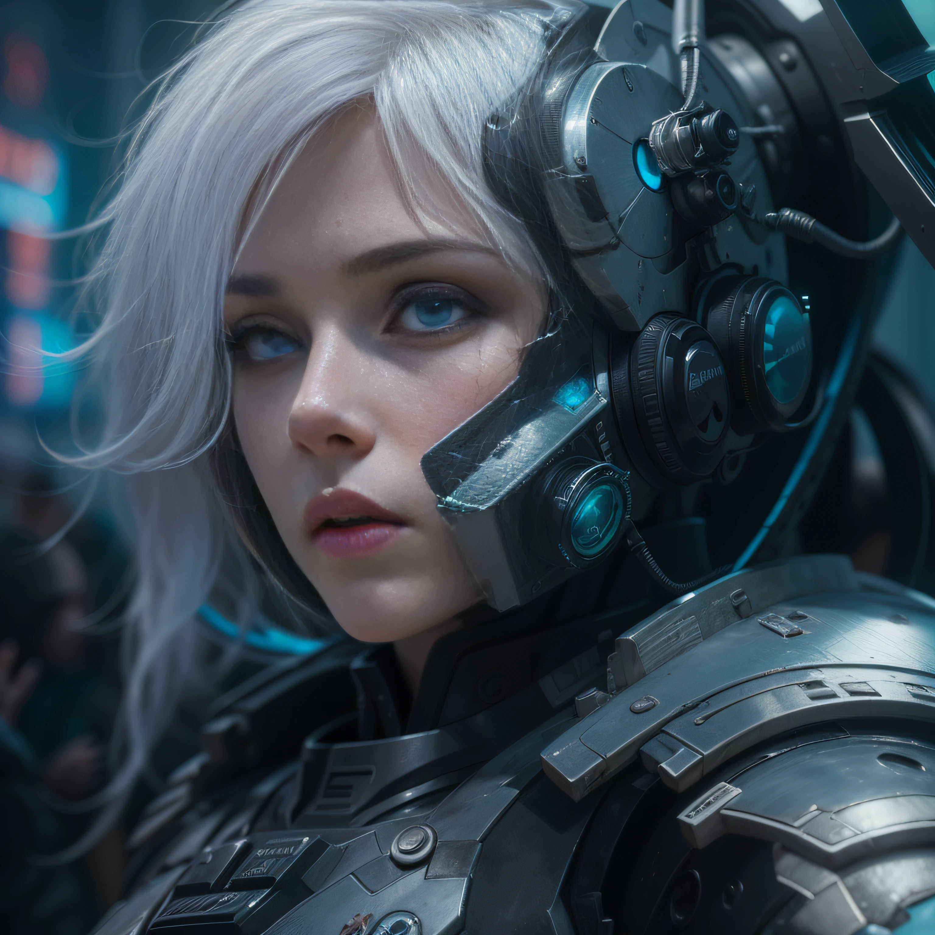 a beautiful white-haired queen, future themed, ((wearing black formal clothes, black mechanical outfit)), sci-fi, ((dark tones, depressed tones, despair, war, pain)), (((a regular in the background) army there))), (((blue eyes, blue digital eyes)), sci-fi action scene, ultra realistic 8k, masterpiece, highly detailed, fine details best quality, hyperdetailed face, (photorealistic:1.4), (highest quality), (best shadow), high contrast, 8k HD,