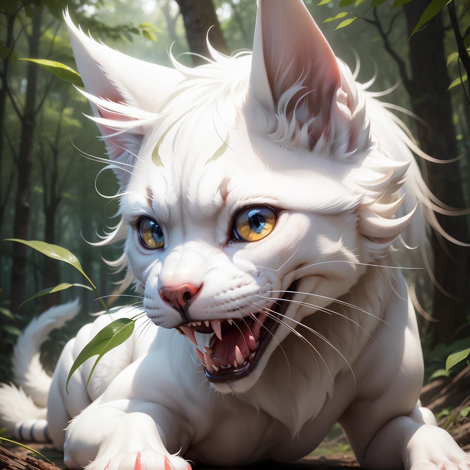 Clear focus、tmasterpiece、realisticlying、bokeh、best qualtiy、detailedskin、complexdetails、4K、detailedeyes、Sharp focus、Fierce white dog-headed cat opening its mouth in the forest,Showing fangs,Side Body,Turn Back。