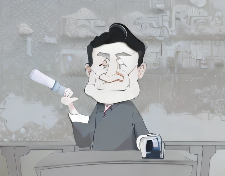 Caricature of a man in a suit sitting at his desk holding a microphone, Inspired by Ding Guanpeng, inspired by Li Tiefu, inspired by Wang Yi, Xi Jinping, film still from an cartoon, Cartoon image, inspired by Chen Daofu, Cartoon, A cartoon, chinese president, inspired by Gusukuma Seihō, author:Wang yi