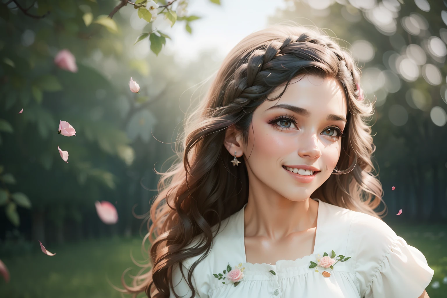 Linda menina, feliz e sorridente, com cabelos longos ruivos com lindas mechas douradas e levemente ondulados, de pele branca com um leve tom rosado, com olhos castanhos esverdeados, em um lindo campo florido, com muitas arvores e rosas ao redor, and a shower of falling rose petals, retrato detalhado, complexidade intrincada, rule of thirds, Sunset, Tinta fosca, luminescente, Artistic Station, arte conceitual, Arte Nova, Ilustrativos, Smooth and sharp focus Highly detailed, Maximalista e Realista.
