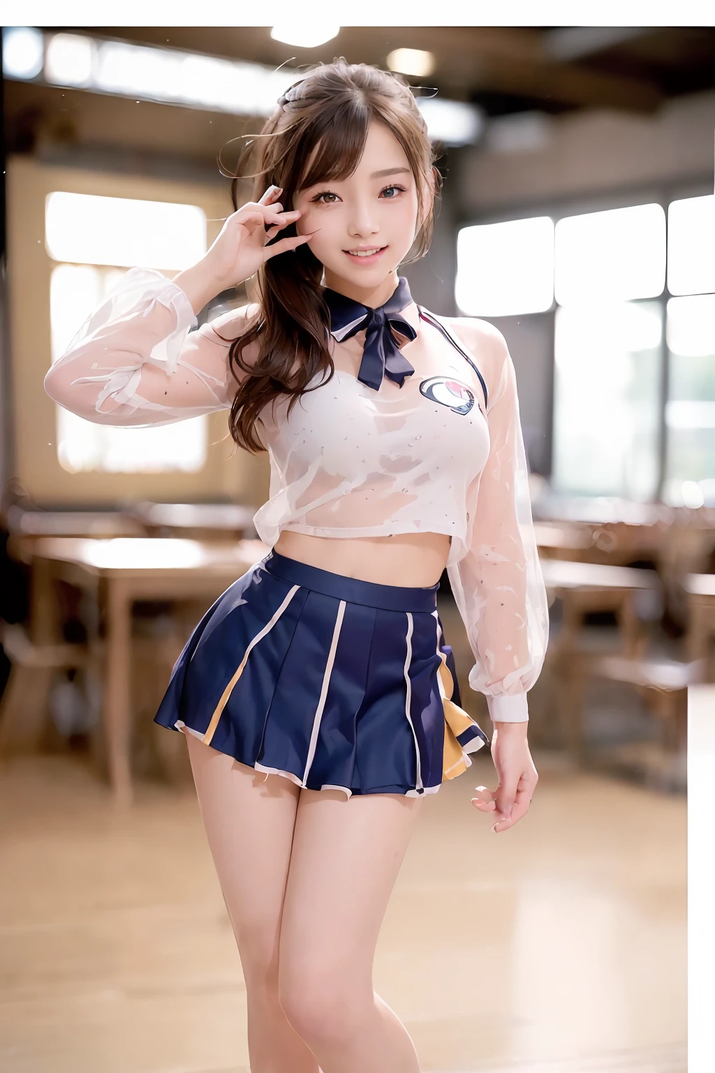 ((top-quality、8K、photographrealistic:1.4、​masterpiece))、Back lighting、highly detailed facial textures women、18year old、(((School Uniform 1.2)))、((Full body photo、)、super-detaild skin、beautiful make up、A detailed eye、A smile、open open mouth、Glossy brown messy short hairstyle、