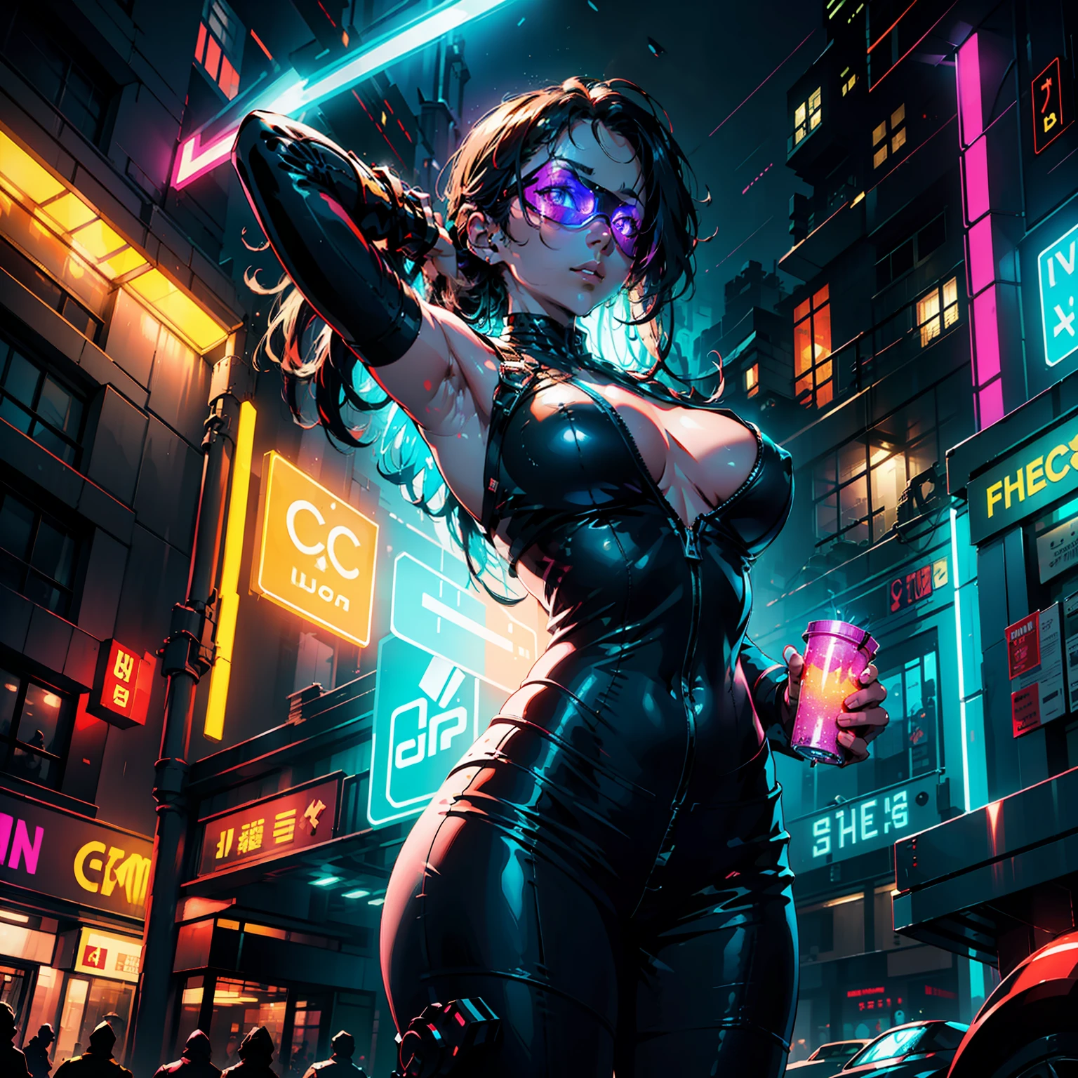 Cyborg in psychedelic colors standing on city street on a rainy night,Raised sexy,Have large breasts,wearing neon-colored glowing goggles,8K,(high qulity:1.1),(SENSE OF CINEMA:1.1),Dark deep shadows, incredibly intricate detailing, Artistically, (up-close:1.1), looking from above, looking at viewert, (glitters:1.1), (color difference,:1.2) The background has floating light artifacts