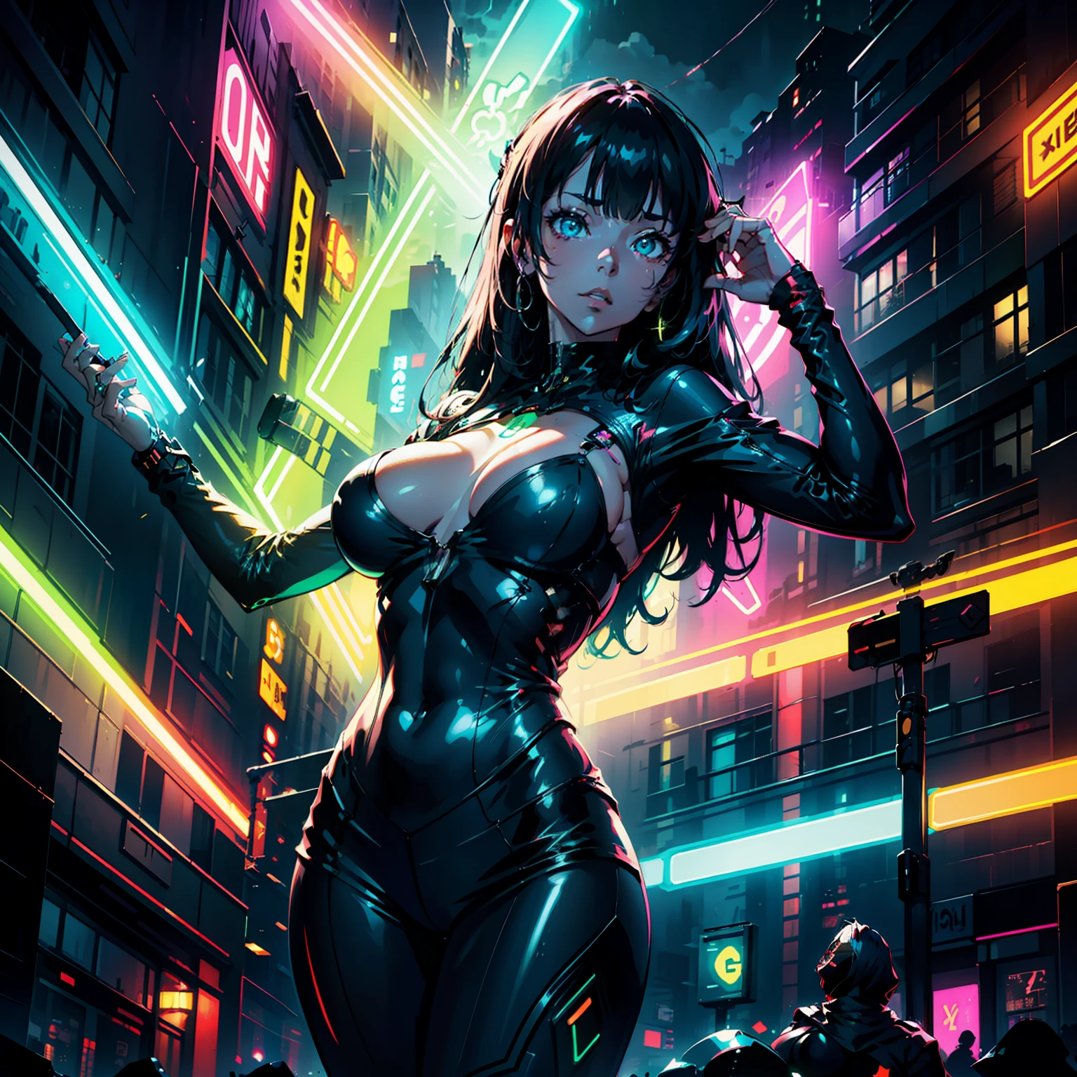 Cyborg in psychedelic colors standing on city street on a rainy night,Raised sexy,Have large breasts,wearing neon-colored glowing goggles,8K,(high qulity:1.1),(SENSE OF CINEMA:1.1),Dark deep shadows, incredibly intricate detailing, Artistically, (up-close:1.1), looking from above, looking at viewert, (glitters:1.1), (color difference,:1.2) The background has floating light artifacts