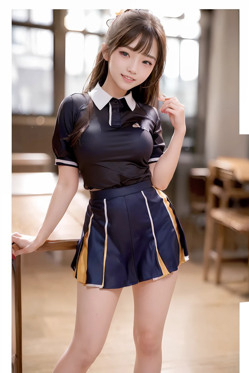 ((top-quality、8K、photographrealistic:1.4、masterpiece))、Back lighting、highly detailed facial textures women、18year old、(((School Uniform 1.2)))、((Full body photo、)、super-detaild skin、beautiful make up、A detailed eye、A smile、open open mouth、Glossy brown messy short hairstyle、