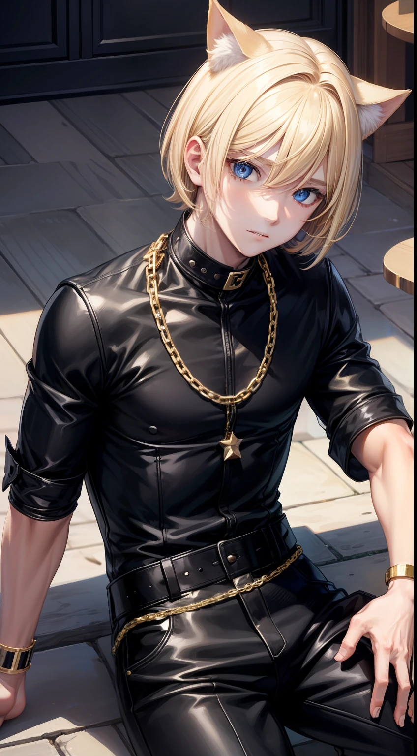 young boy, blonde hair, Bob hairstyle, blue eyes, black skintight clothes, Gold Chains, Cat's ears, Masterpiece, hiquality
