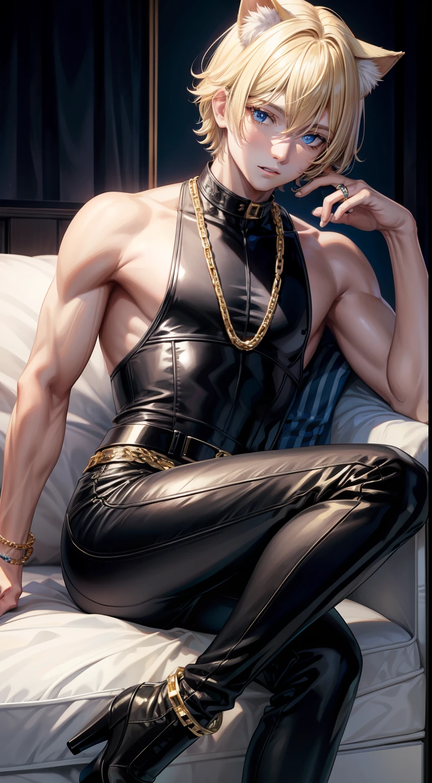 young boy, blonde hair, Bob hairstyle, blue eyes, black skintight clothes, Gold Chains, Cat's ears, Masterpiece, hiquality