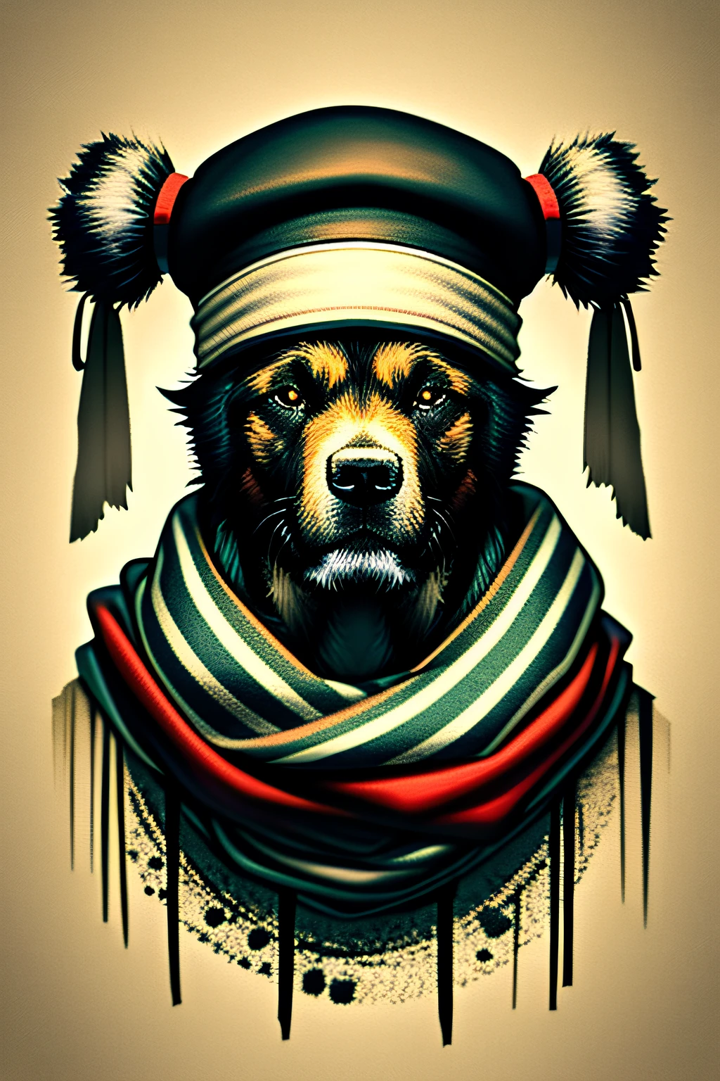Picture of dog wearing hat and scarf,trends in art station,Wear punk clothes,Ultra-realistic detailed rendering,British gang members,Urban style,intimidating pose,Planet of dogs,fashionable attire,urbansamurai,dog,West Slavic features