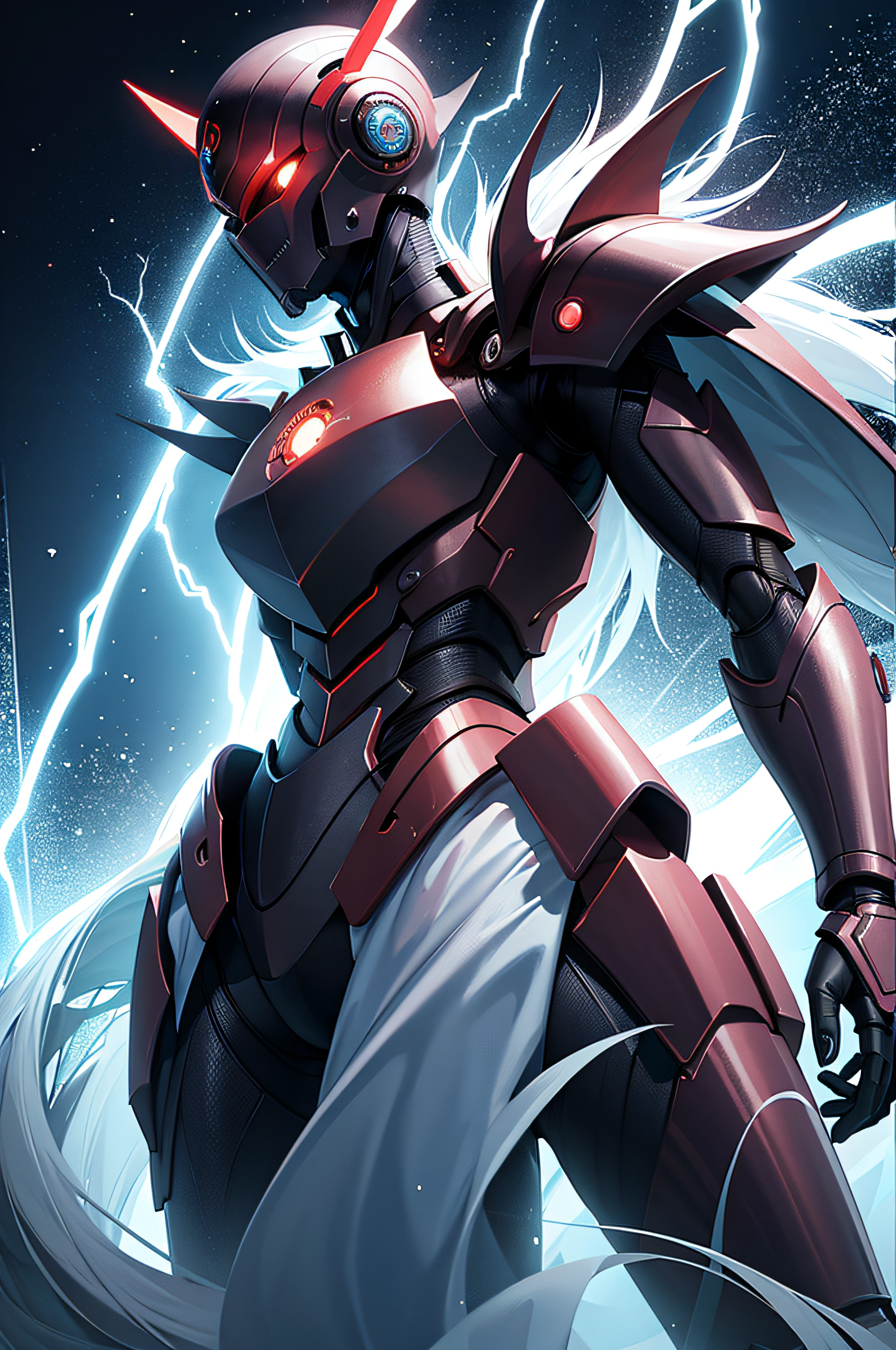 (masutepiece, Best Quality:1.3), Dark atmosphere、Humanoid robot、Male type、Slim body, (Dynamic Poses:1.2)、extremely high details, Convoluted, 8K, nffsw, Wallpaper, Cinematic lighting, (kosmos), Great sword, (Be bold and armed), lightning, Black, Red, Spiny armor, Glowing eyes, A neon sign glows on the edge of the armor, I can't see my face、