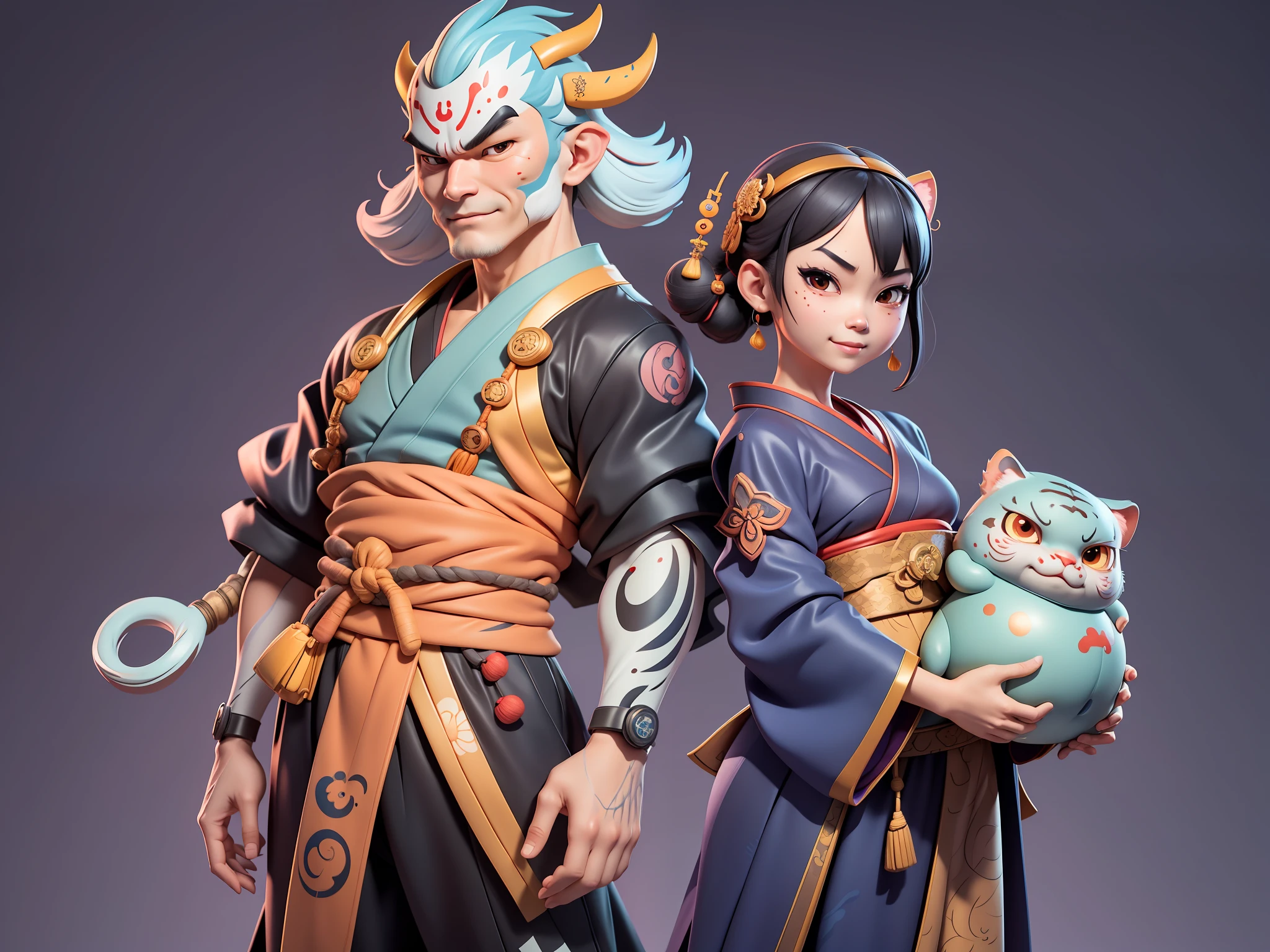 (Daisaku),(Need),(Super meticulous),(full bodyesbian:1.2),Japanese ukiyo-e girl,japanese geisha,Beautiful,Oriental dragon,one tiger,Aeolian Thor,Raised sexy,爆乳,Oriental face,TV Anchor,Bust portrait illustration,Alone,In black suit,a blue tie,The face is slightly chubby,The face was clean,without a beard,Black super short hair,Black eyes,Smile confidently,3C computer sub-products,iPad, iphone,Digital painting,3D character design by Mark Clairen and Pixar and Hayao Miyazaki and Akira Toriyama,The illustration is a high-definition illustration in 4K resolution,With very detailed facial features and cartoon-style visuals。