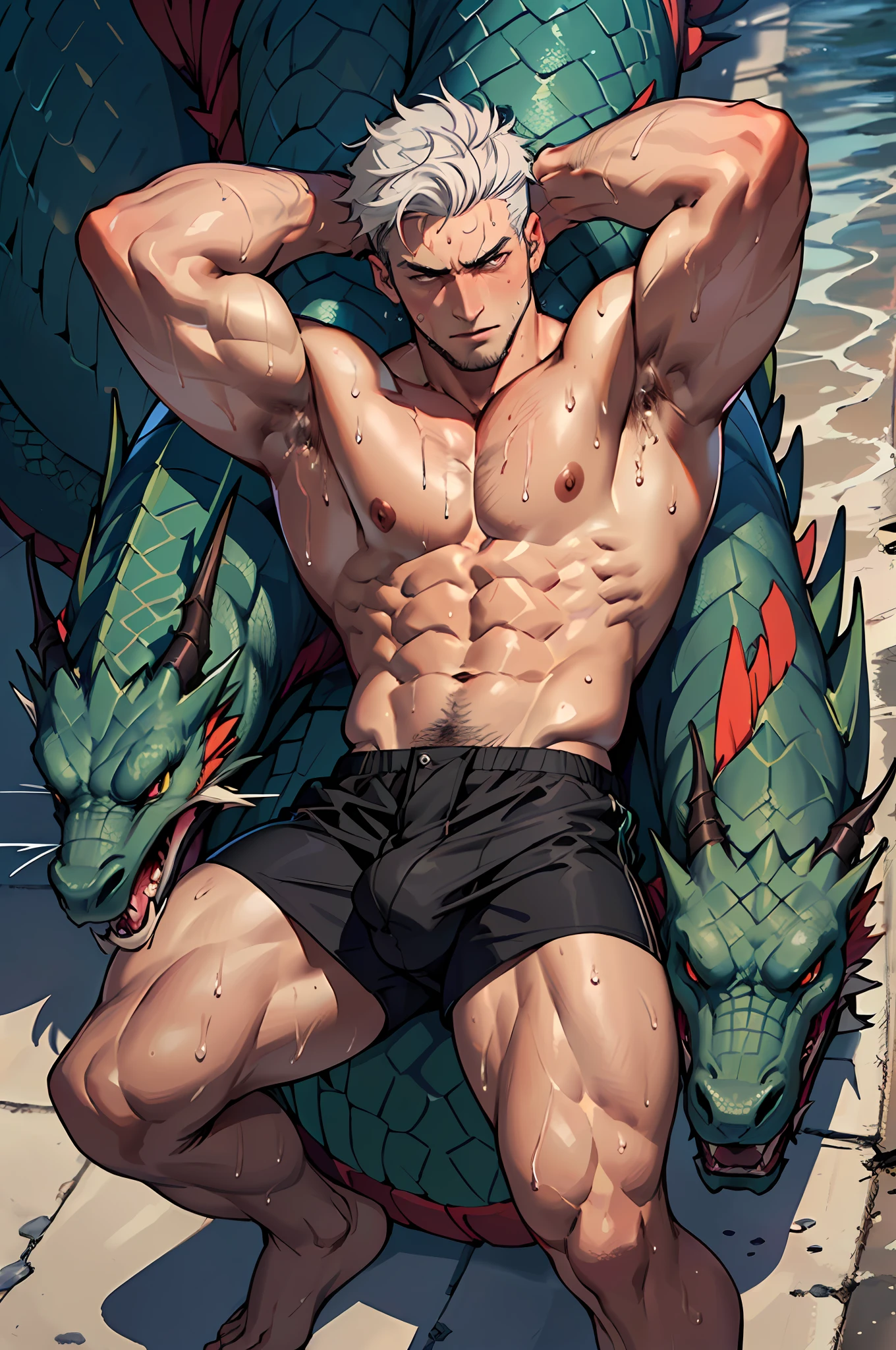 ((Top Quality, 8k, Masterpiece: 2), fit boy, lying down, top view(Male Focus), armpit, masculine shape, masculine, rough, raised , sexy, correct anatomy::, photorealistc, model, Full Body, almost naked, POV, top angle,correct anatomy, explicit content,bara, pubic hair,dripping, very short hair, dark brown hair,(sweat:1.3),bodily fluids,precum,pain expression,hd, dark shadows, jockstrap:1.5, handsome man with dark gray skin and a toga wrapped around his waist, white hair, short haircut, wavy hair, curly white hair, dragon scales, man with dragon scales on his skin, stormy background, black clouds in the background with red lightning, 8K, artgem,