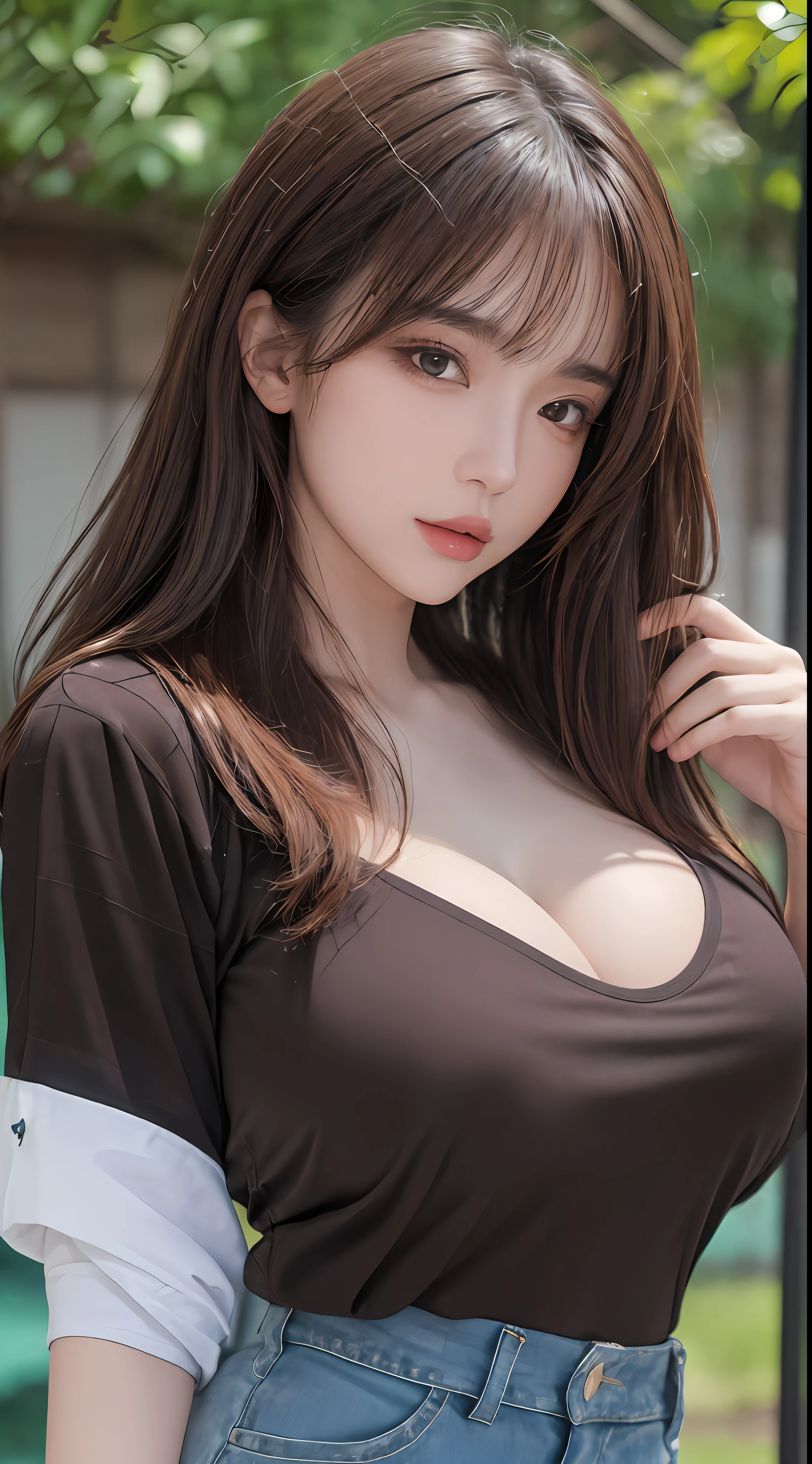 ((top quality, 8k, masterpiece: 1.3)), sensual woman, 1 girl, (slender figure: 1.2), dark brown hair, (outdoor, shirt, shorts: 1.1), ultra detailed face, detailed lips, detailed eyes, double eyelids, (huge breasts: 1.2)
